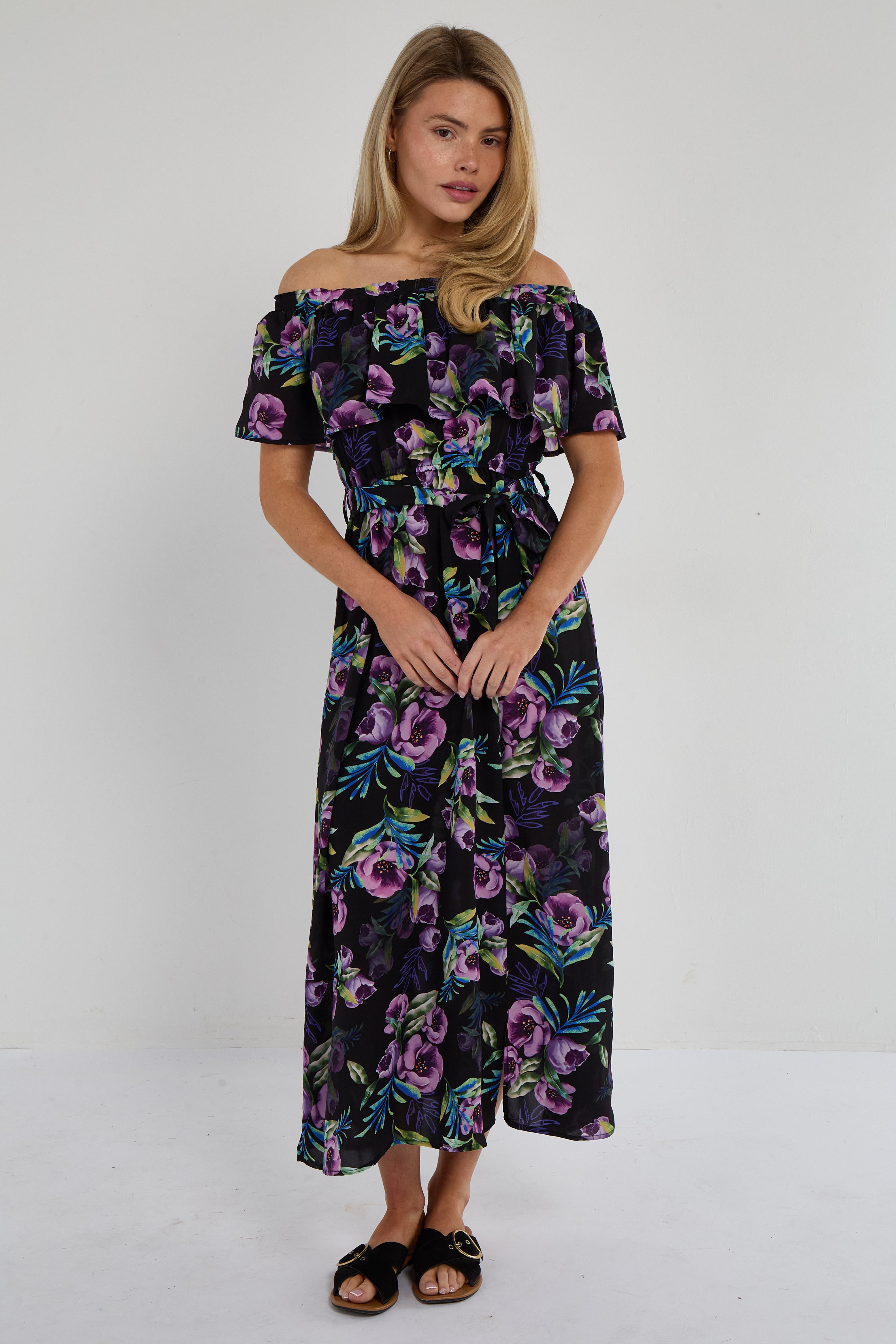 Purple Tropical Floral Off-Shoulder Maxi Dress