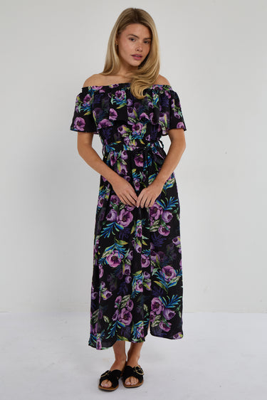 Purple Tropical Floral Off-Shoulder Maxi Dress