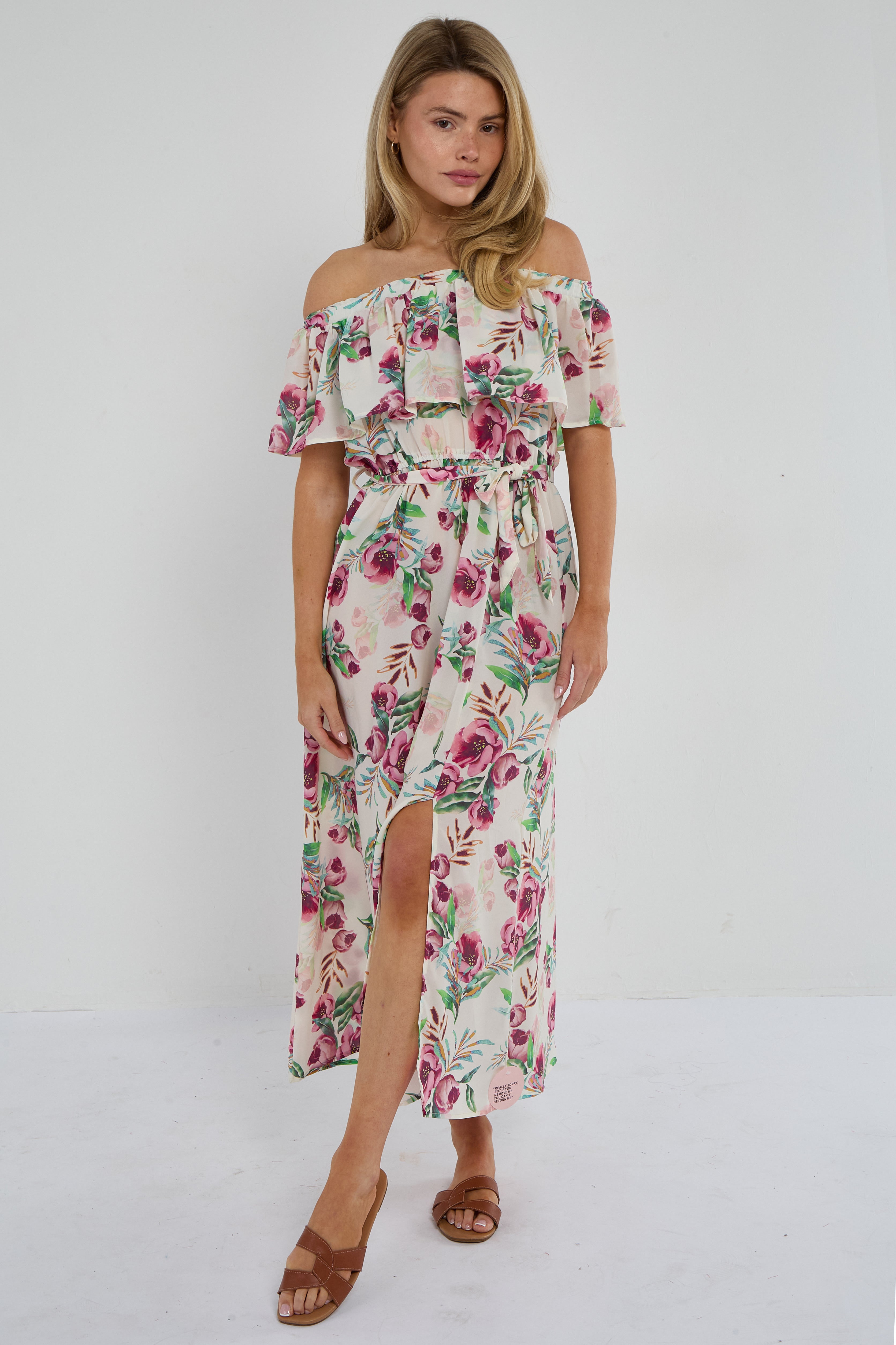 Pink Tropical Floral Off-Shoulder Maxi Dress