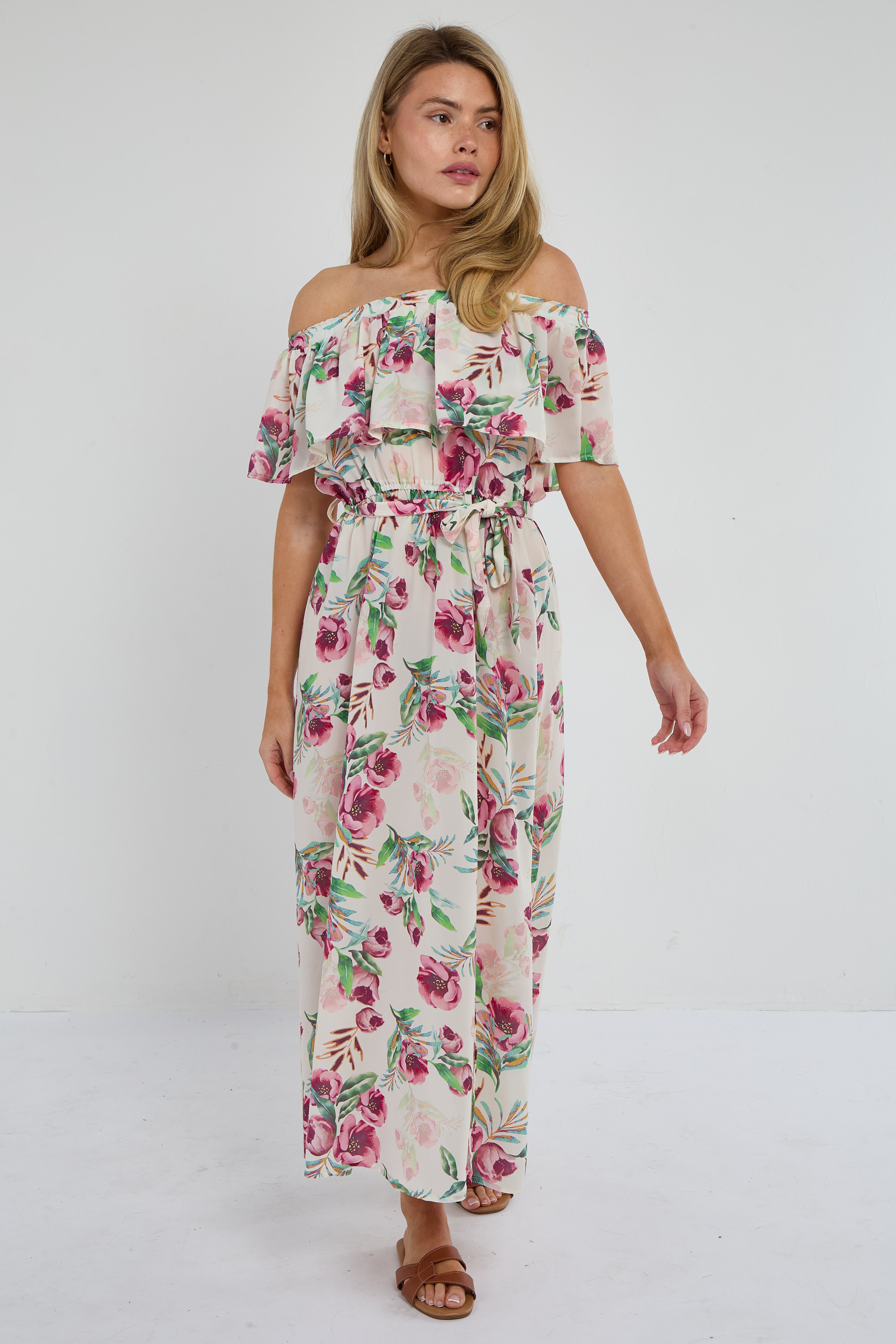 Pink Tropical Floral Off-Shoulder Maxi Dress