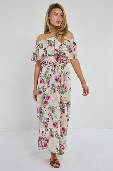 Pink Tropical Floral Off-Shoulder Maxi Dress