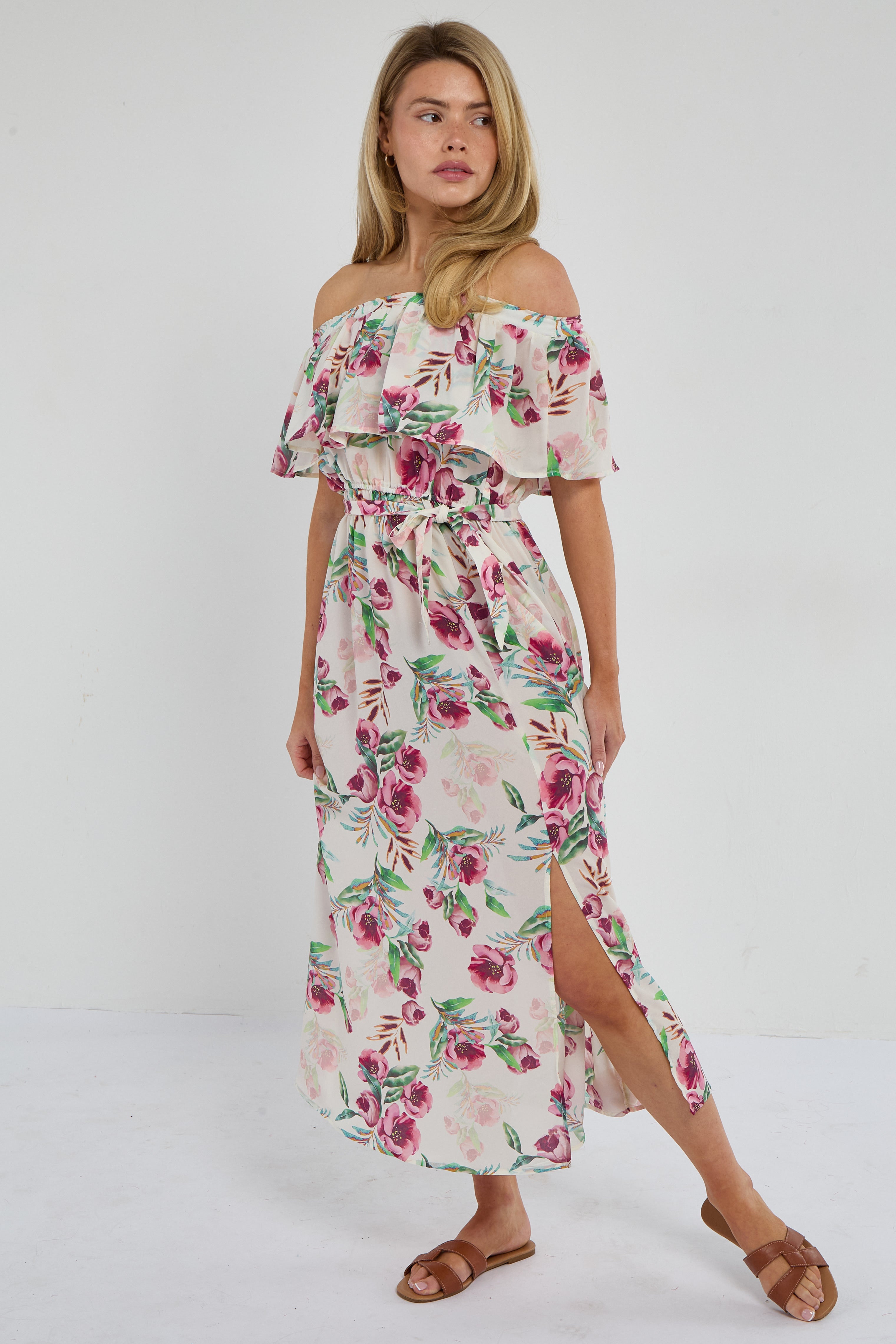 Pink Tropical Floral Off-Shoulder Maxi Dress