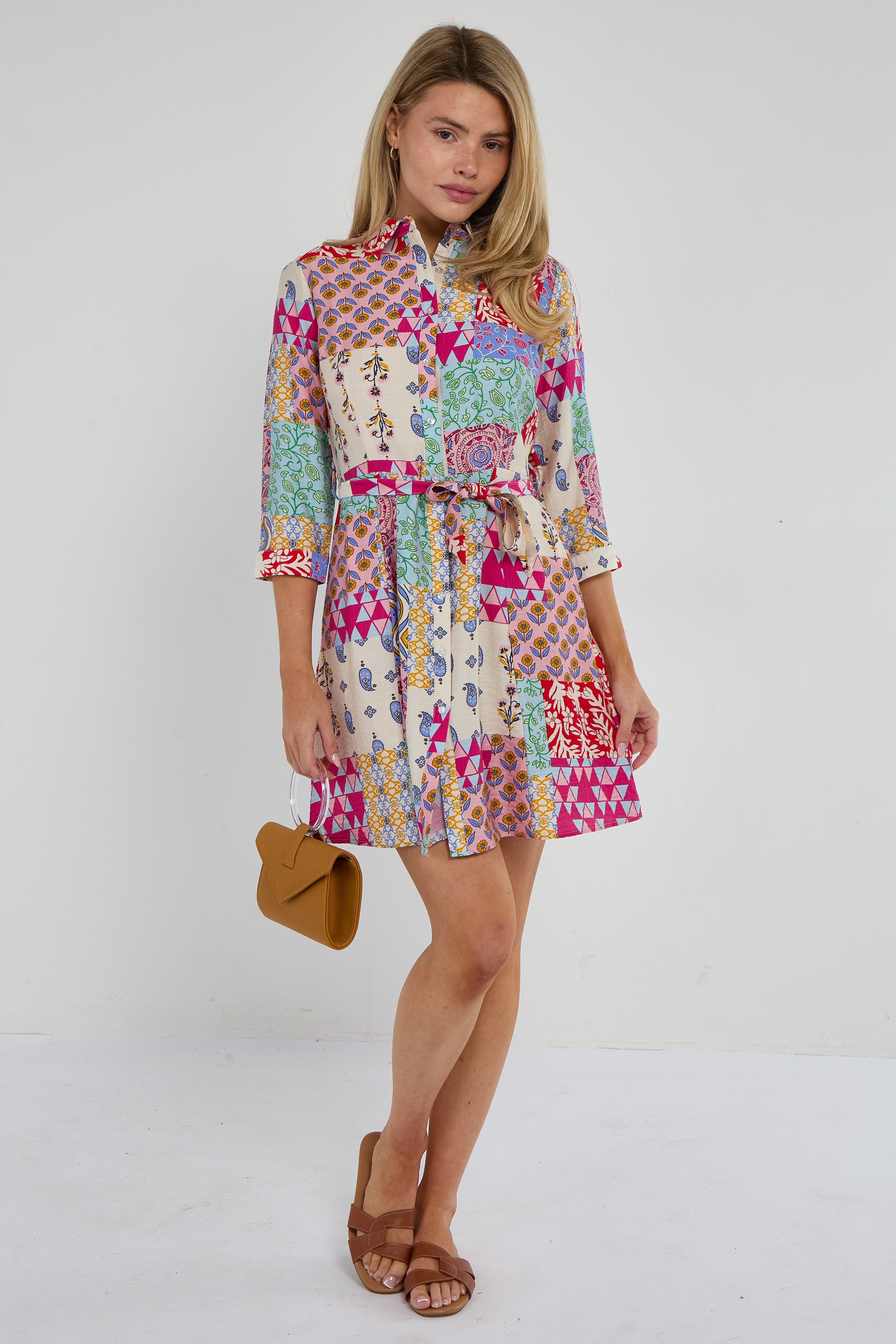 Multicolour Patchwork Print Mini Shirt Dress