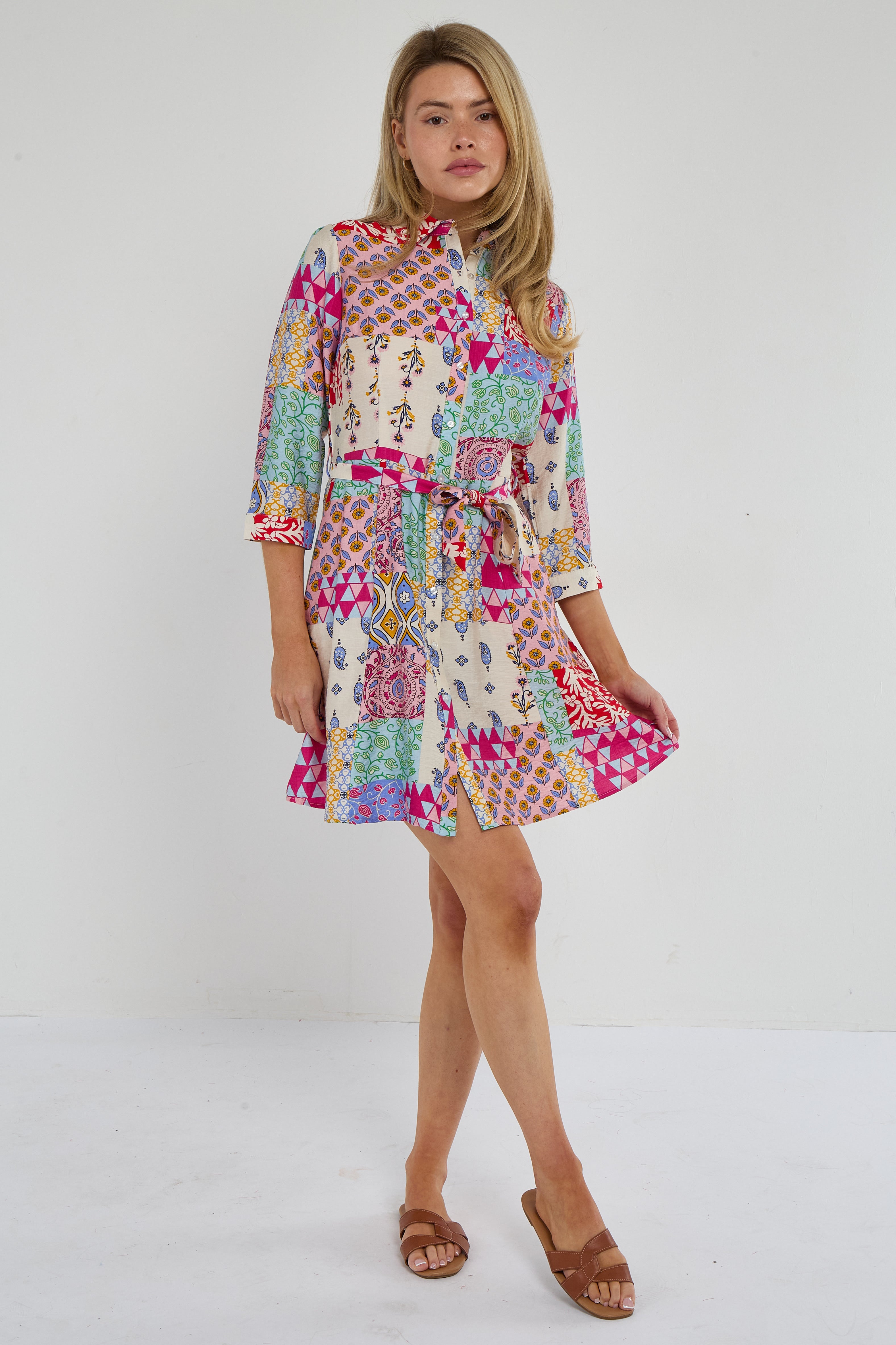 Multicolour Patchwork Print Mini Shirt Dress