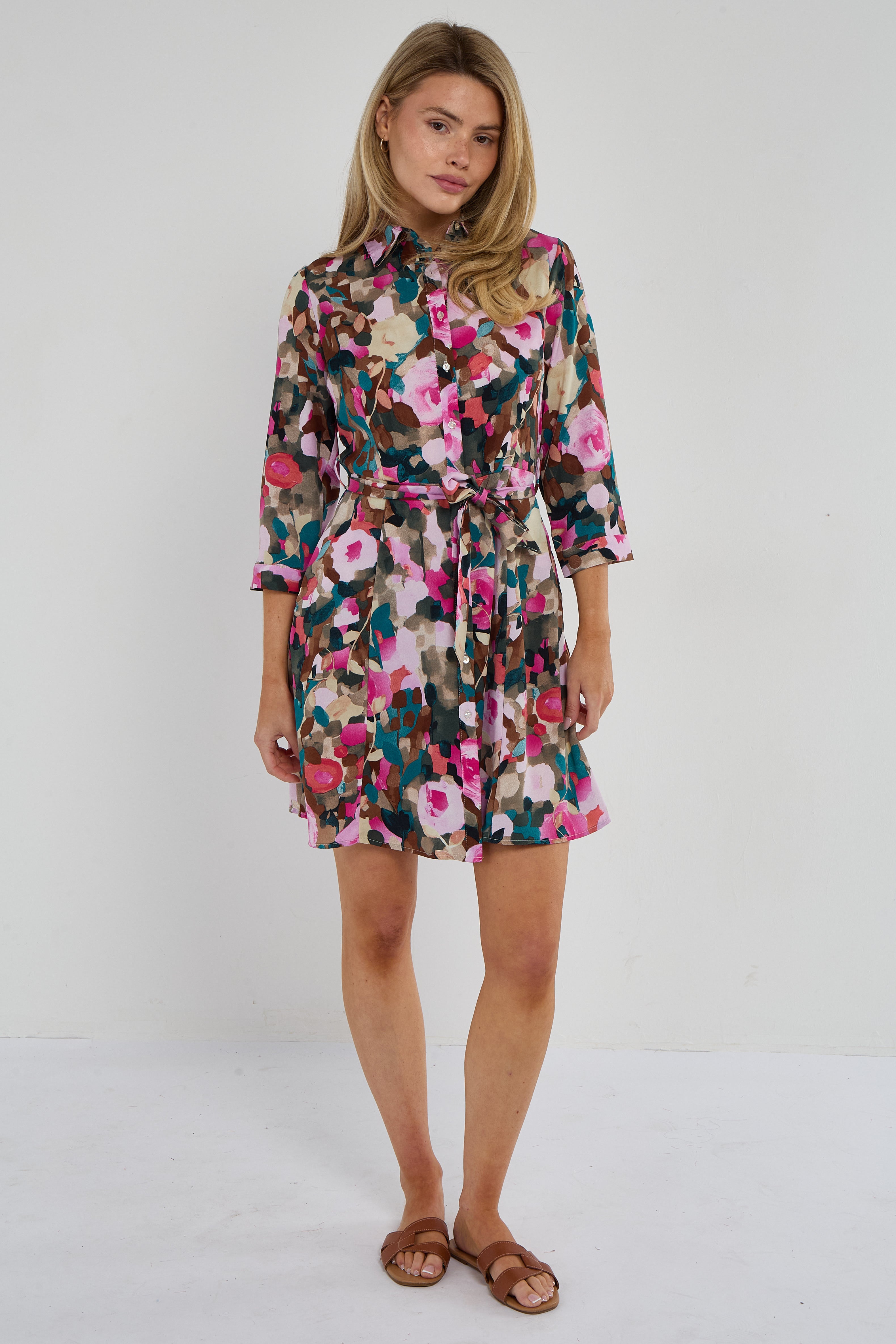 Roses Print Quarter Sleeve Mini Shirt Dress