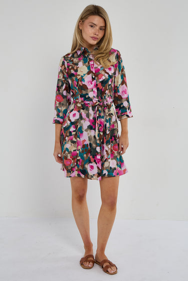 Roses Print Quarter Sleeve Mini Shirt Dress