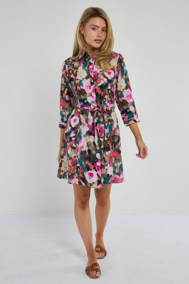 Roses Print Quarter Sleeve Mini Shirt Dress