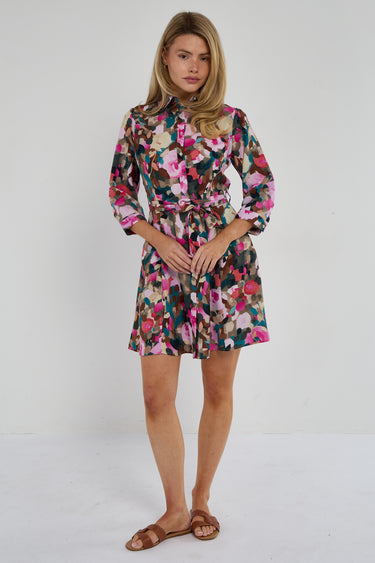Roses Print Quarter Sleeve Mini Shirt Dress