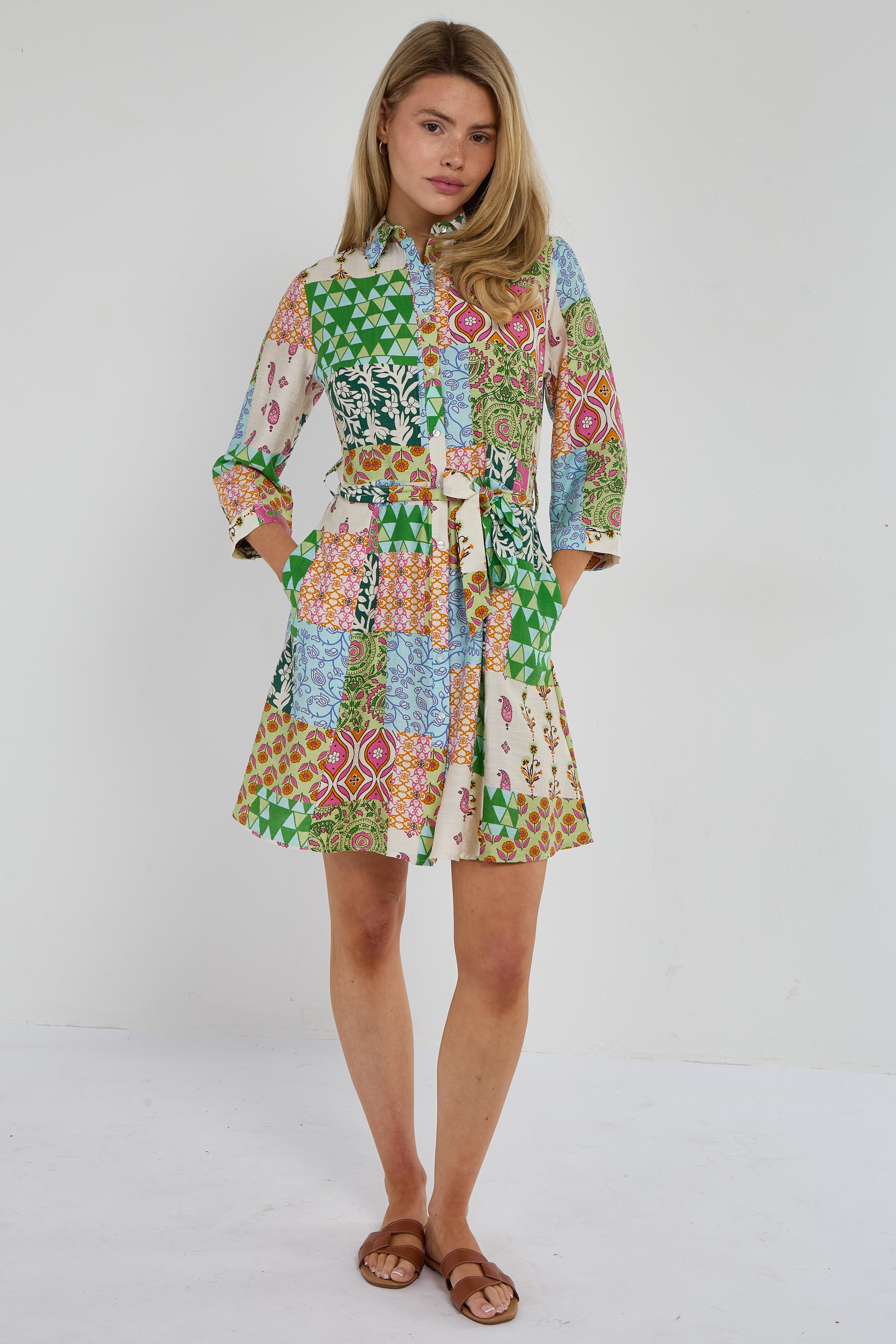 Multicolour Patchwork Print Mini Shirt Dress