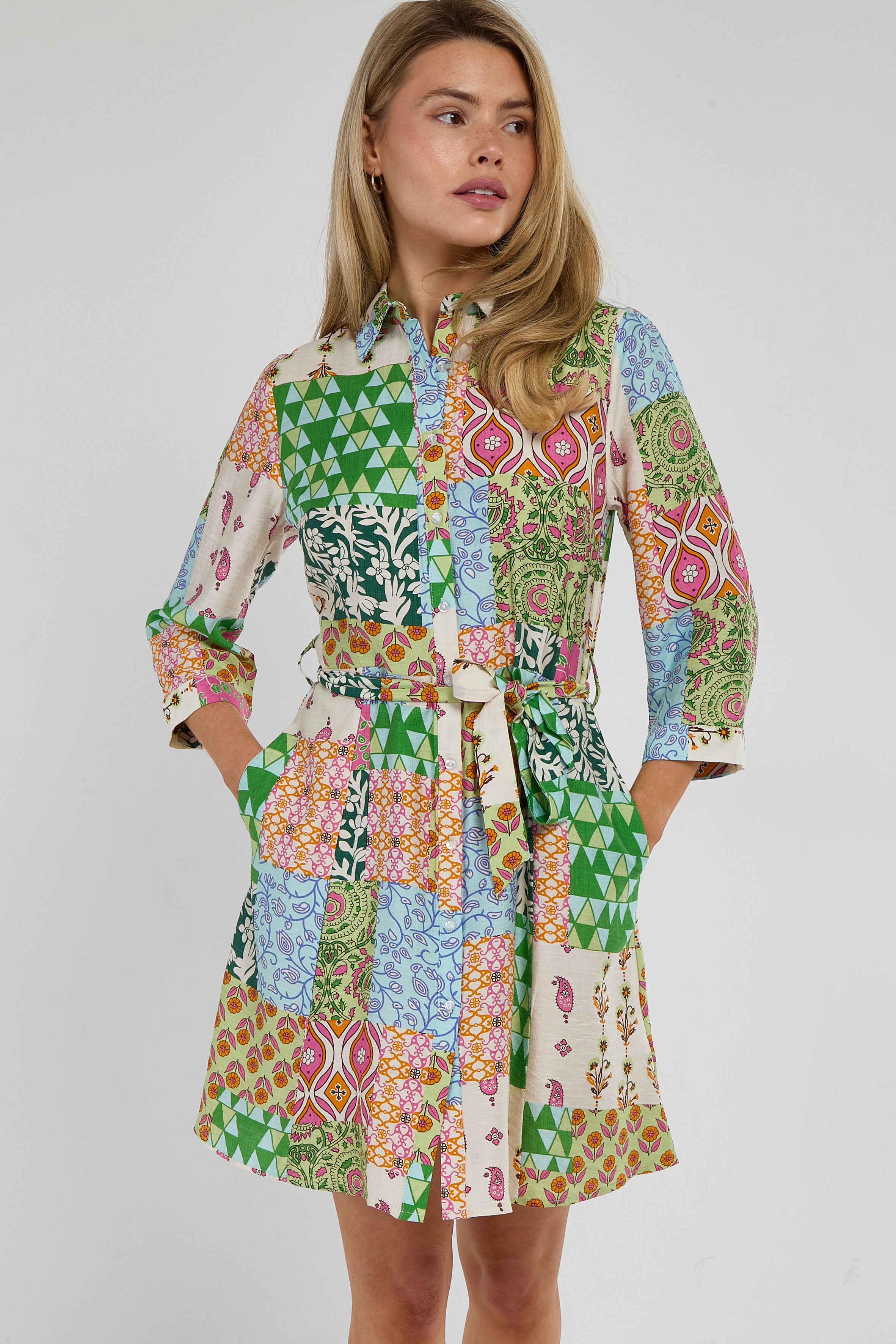 Multicolour Patchwork Print Mini Shirt Dress