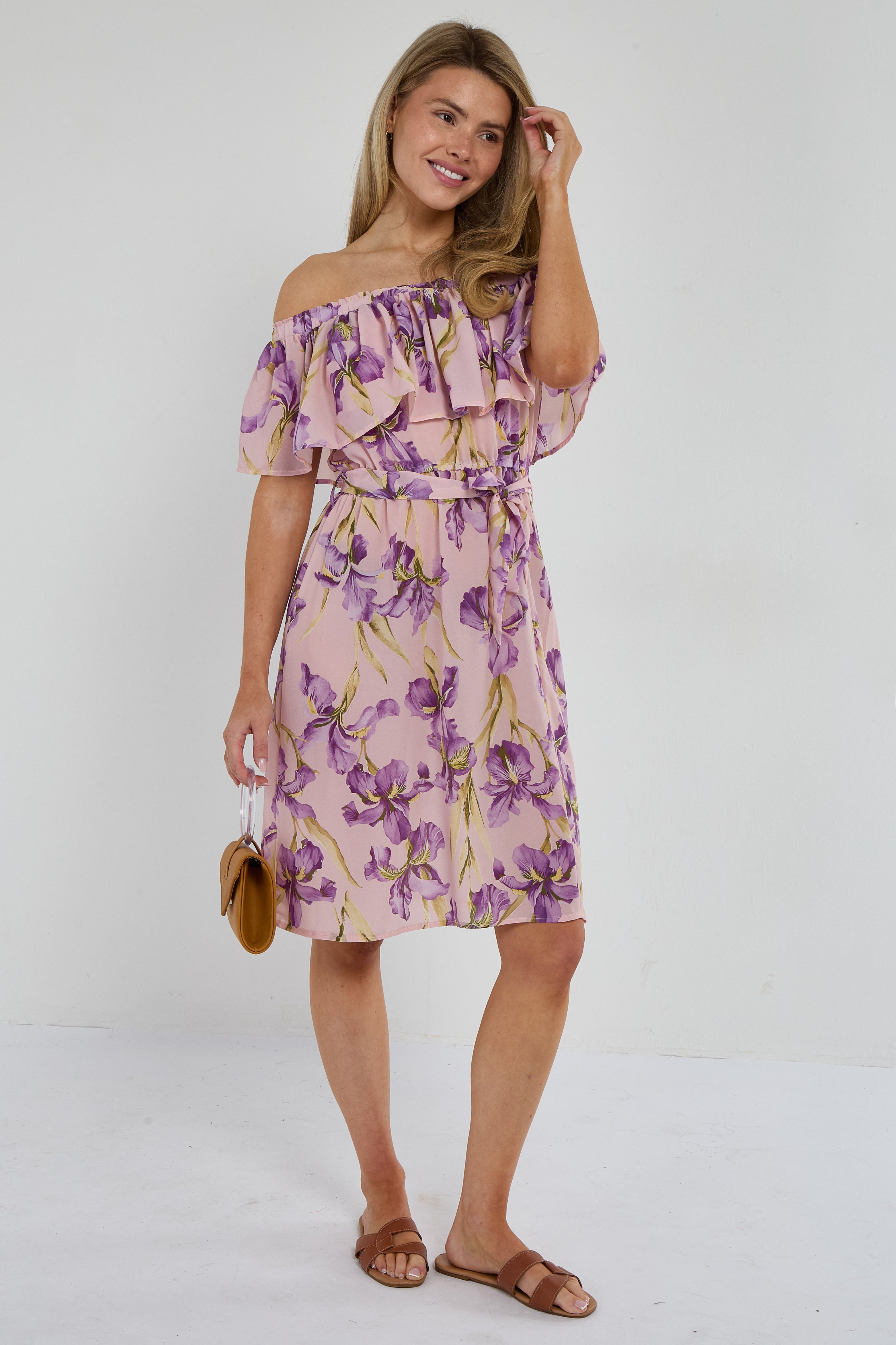 Purple Iris Floral Off-Shoulder Miini Dress