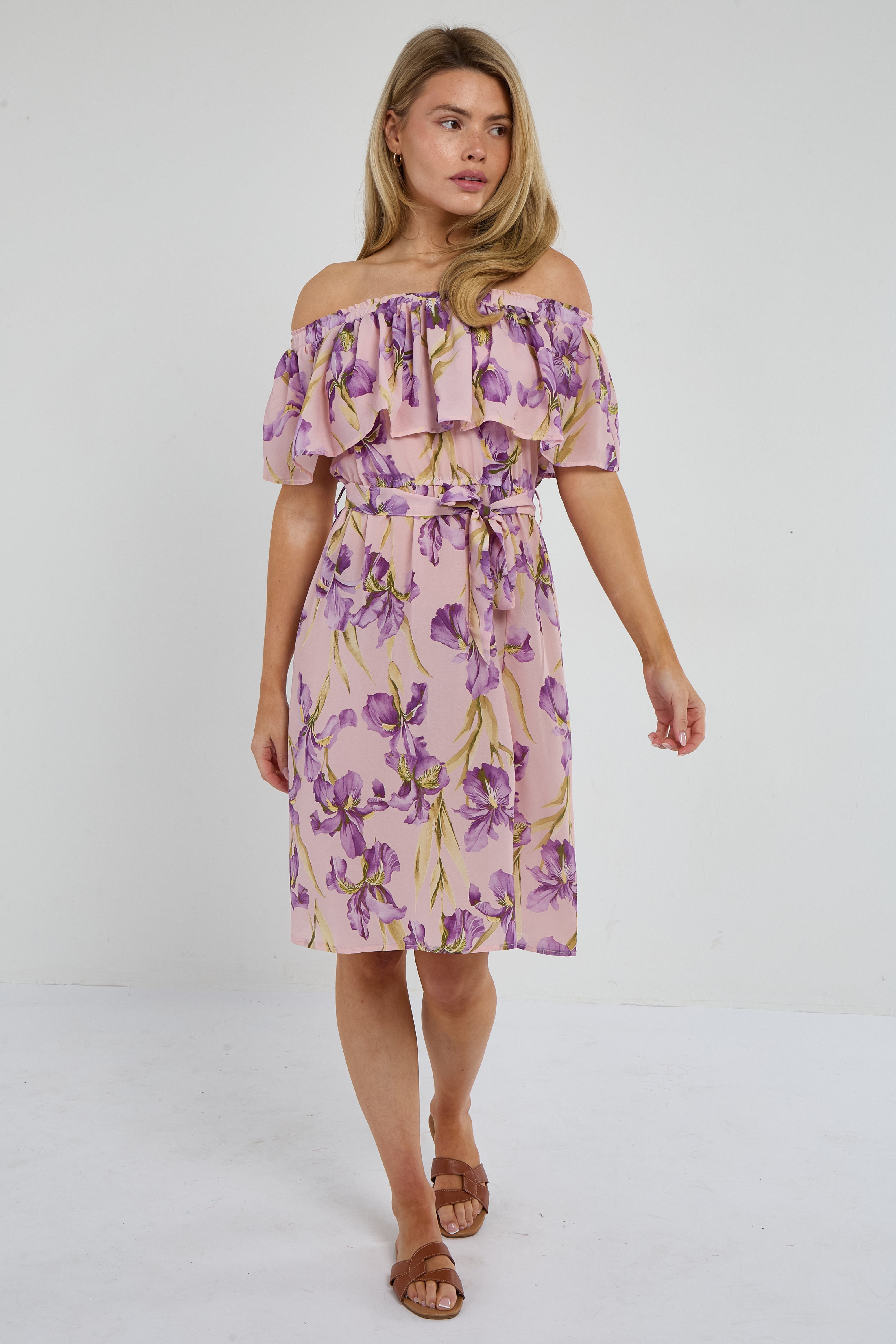 Purple Iris Floral Off-Shoulder Miini Dress