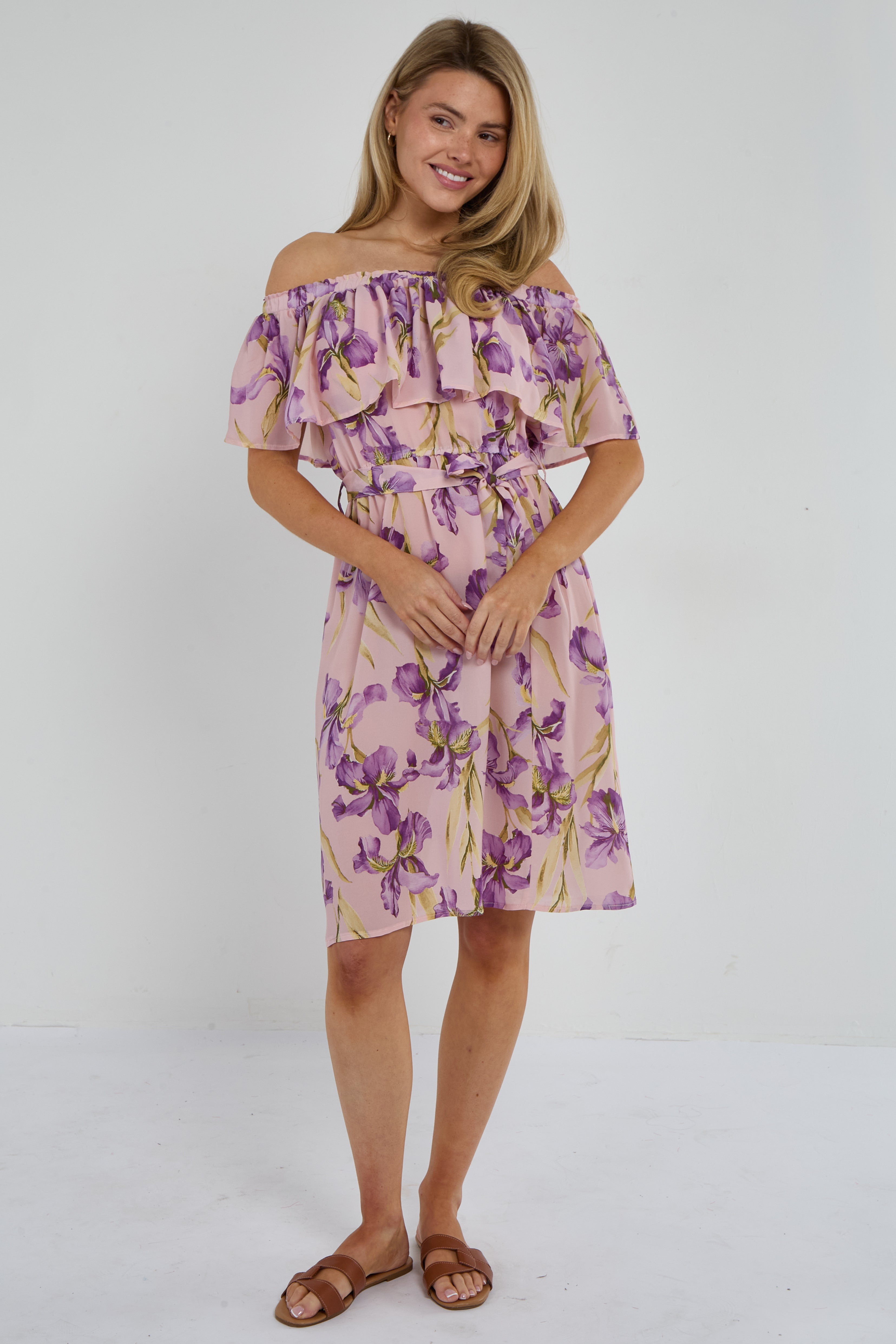 Purple Iris Floral Off-Shoulder Miini Dress