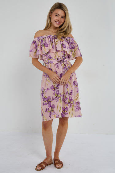 Purple Iris Floral Off-Shoulder Miini Dress