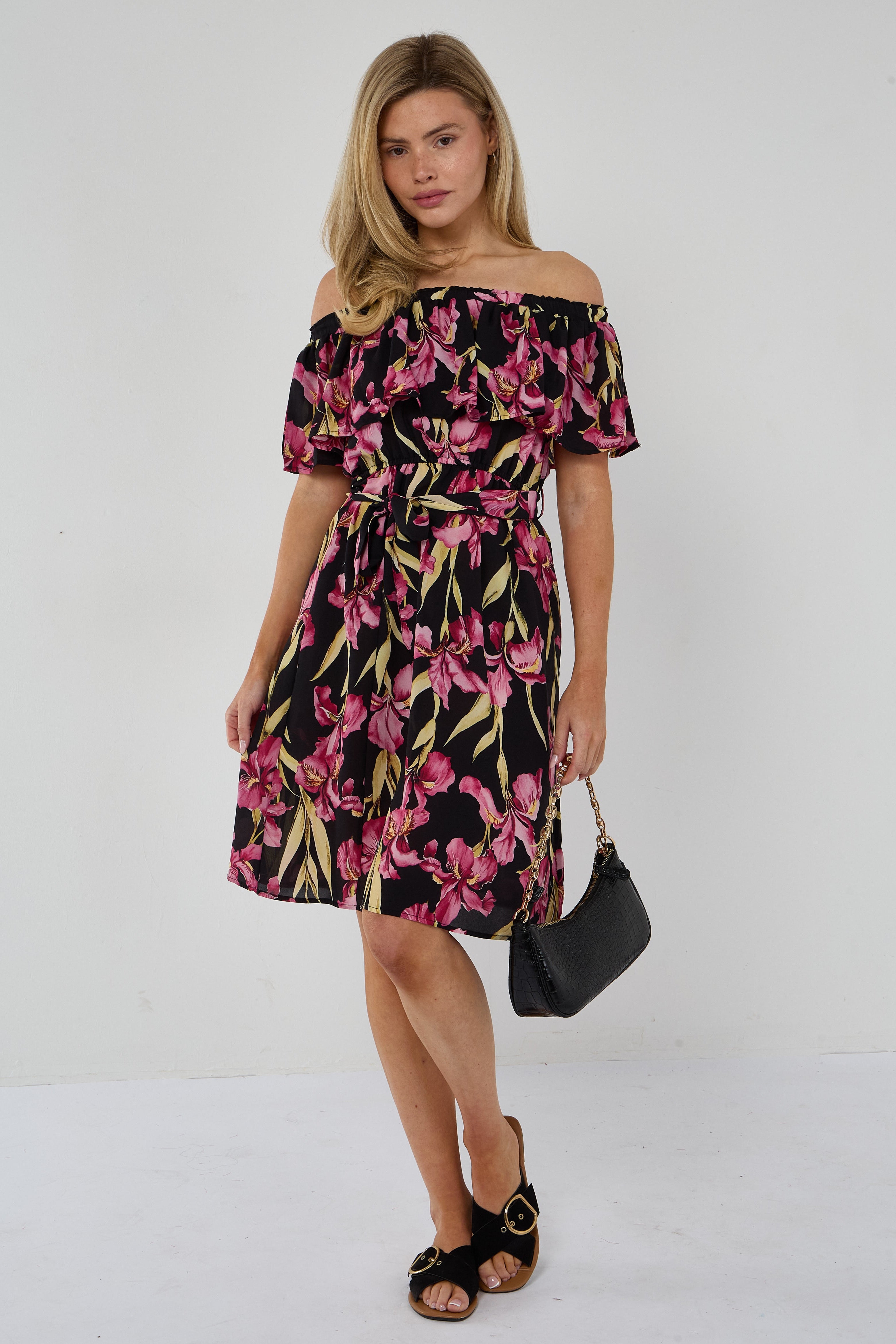 Black Iris Floral Off-Shoulder Miini Dress