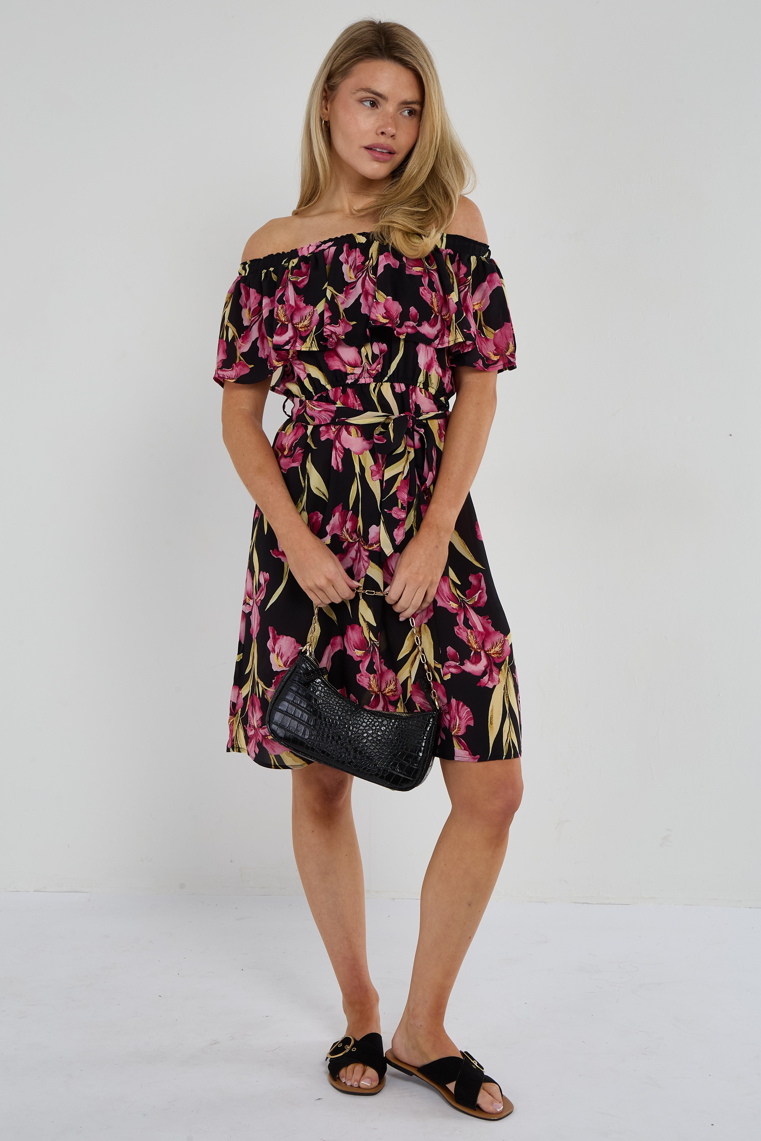 Black Iris Floral Off-Shoulder Miini Dress