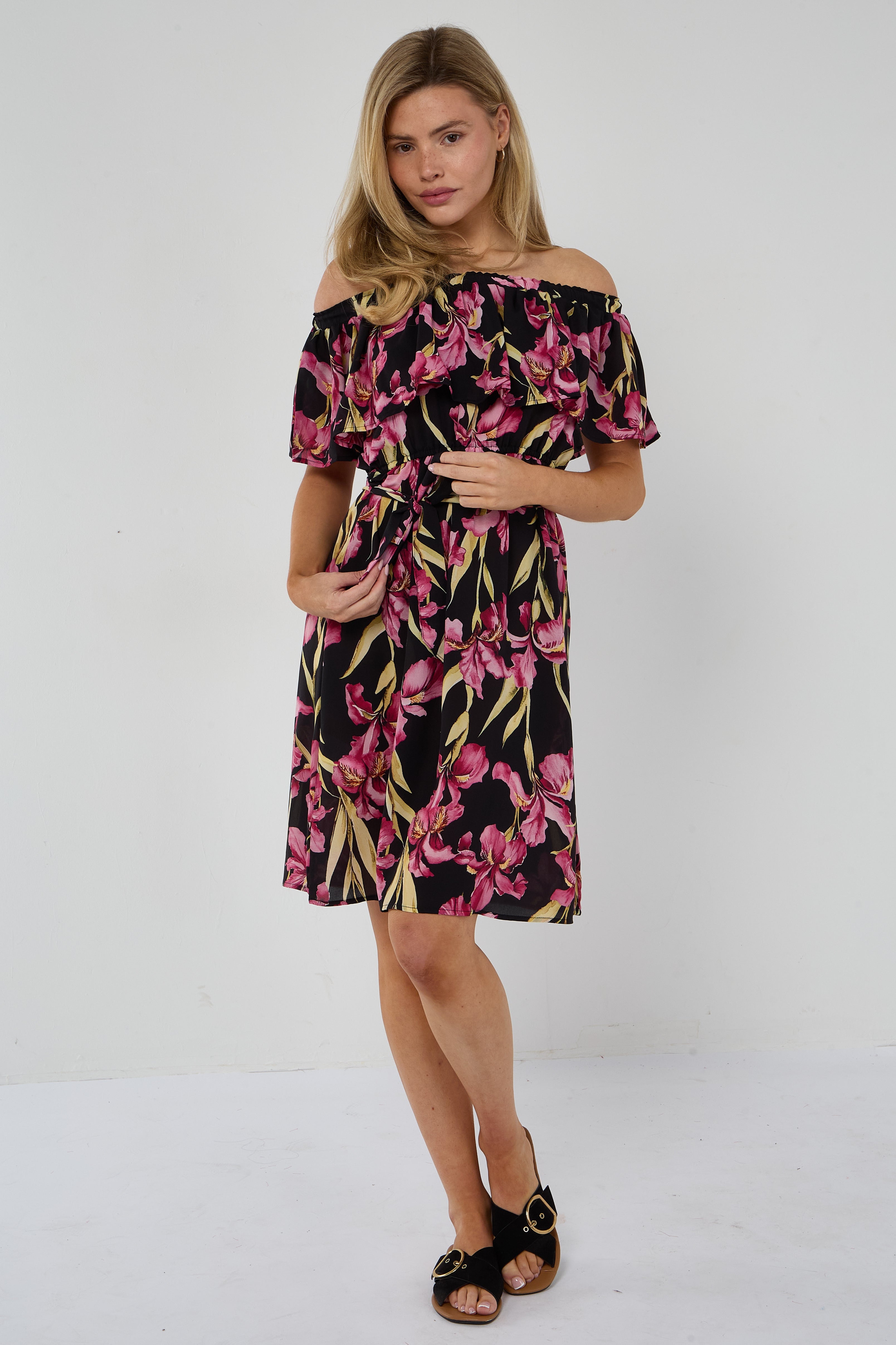 Black Iris Floral Off-Shoulder Miini Dress