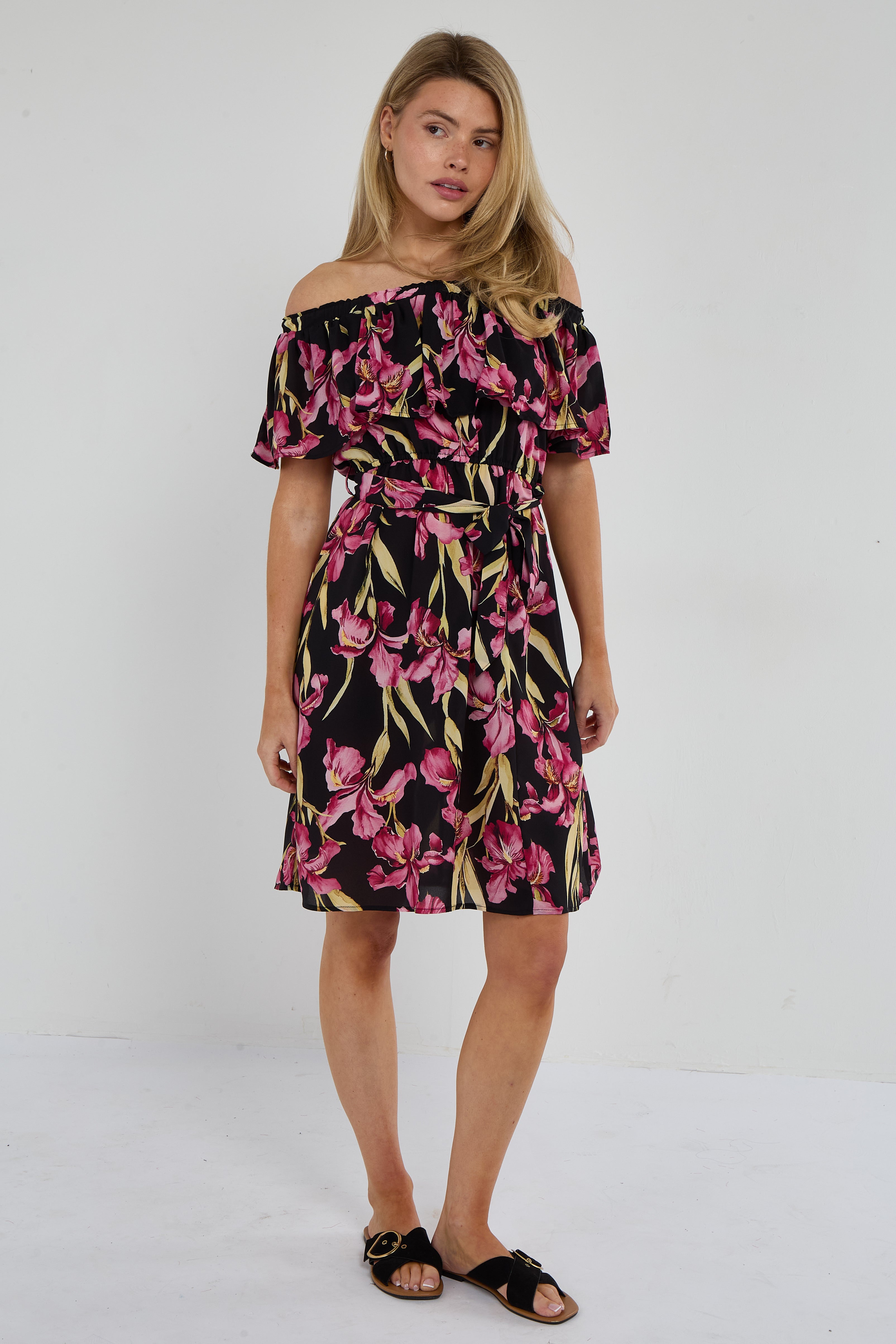 Black Iris Floral Off-Shoulder Miini Dress