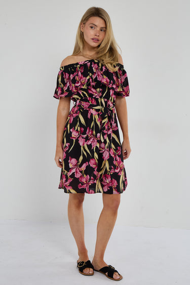 Black Iris Floral Off-Shoulder Miini Dress