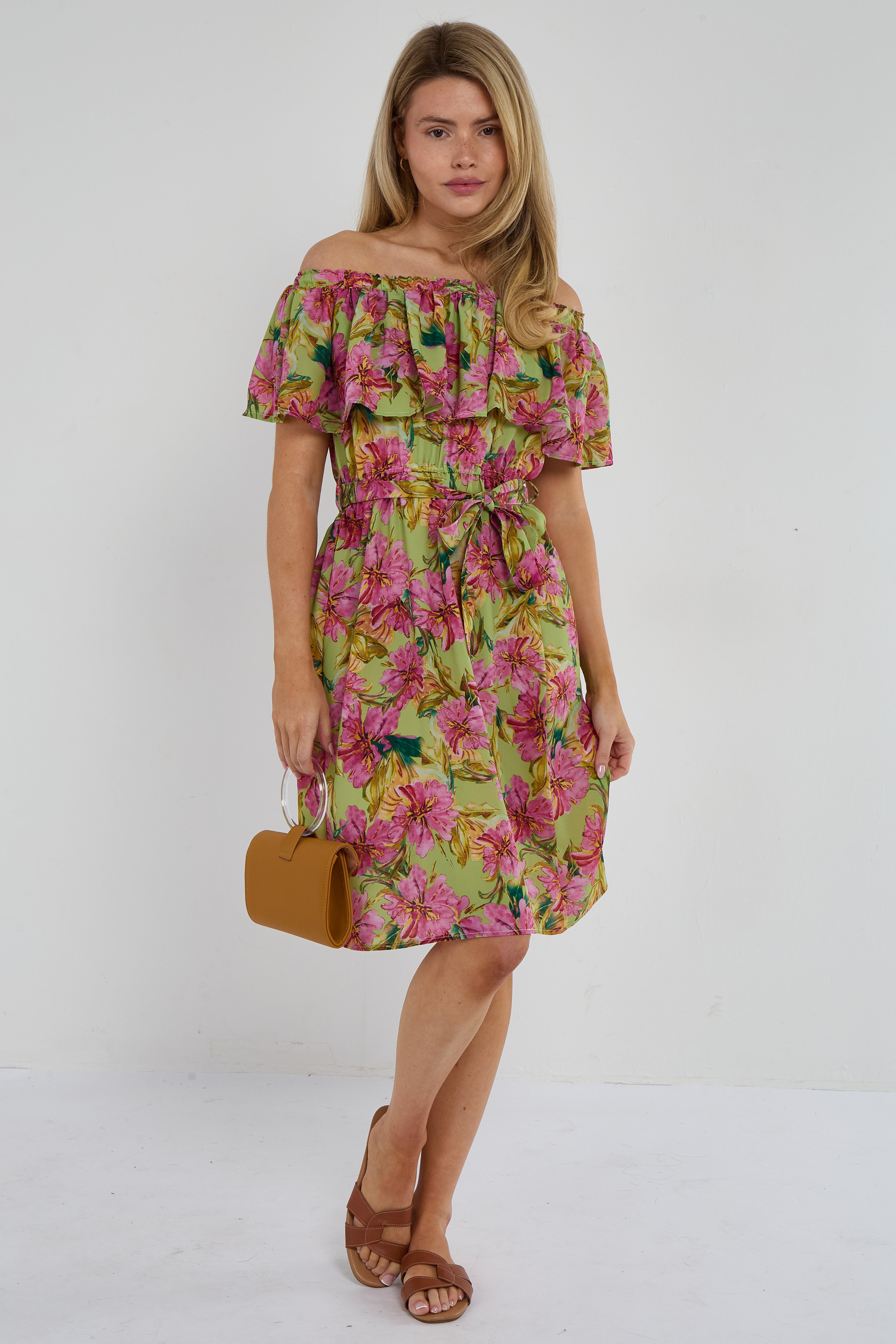 Green Tropical Floral Off-Shoulder Mini Dress