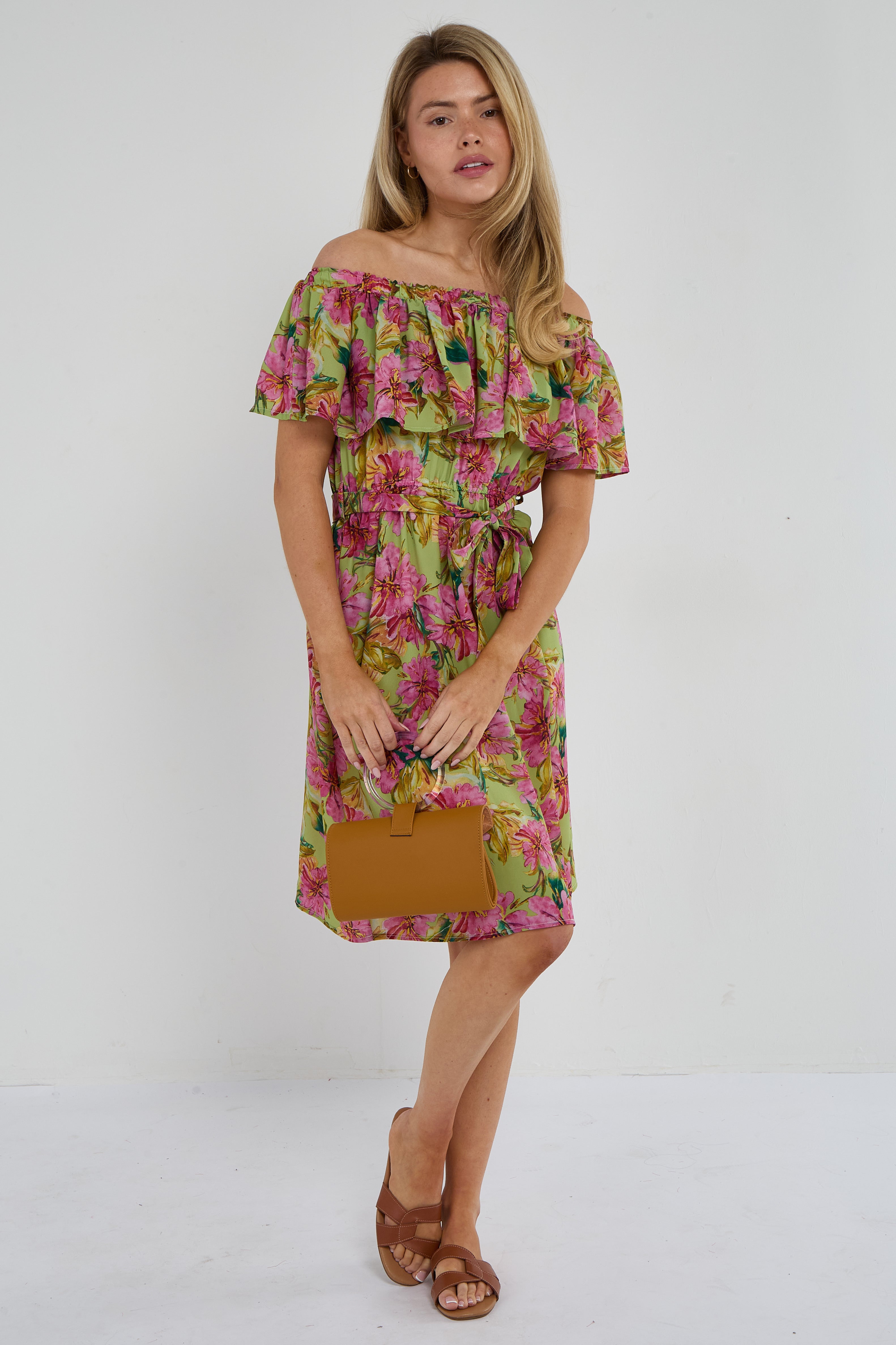 Green Tropical Floral Off-Shoulder Mini Dress