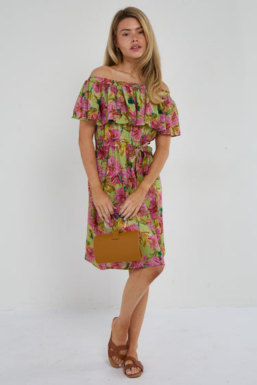Green Tropical Floral Off-Shoulder Mini Dress