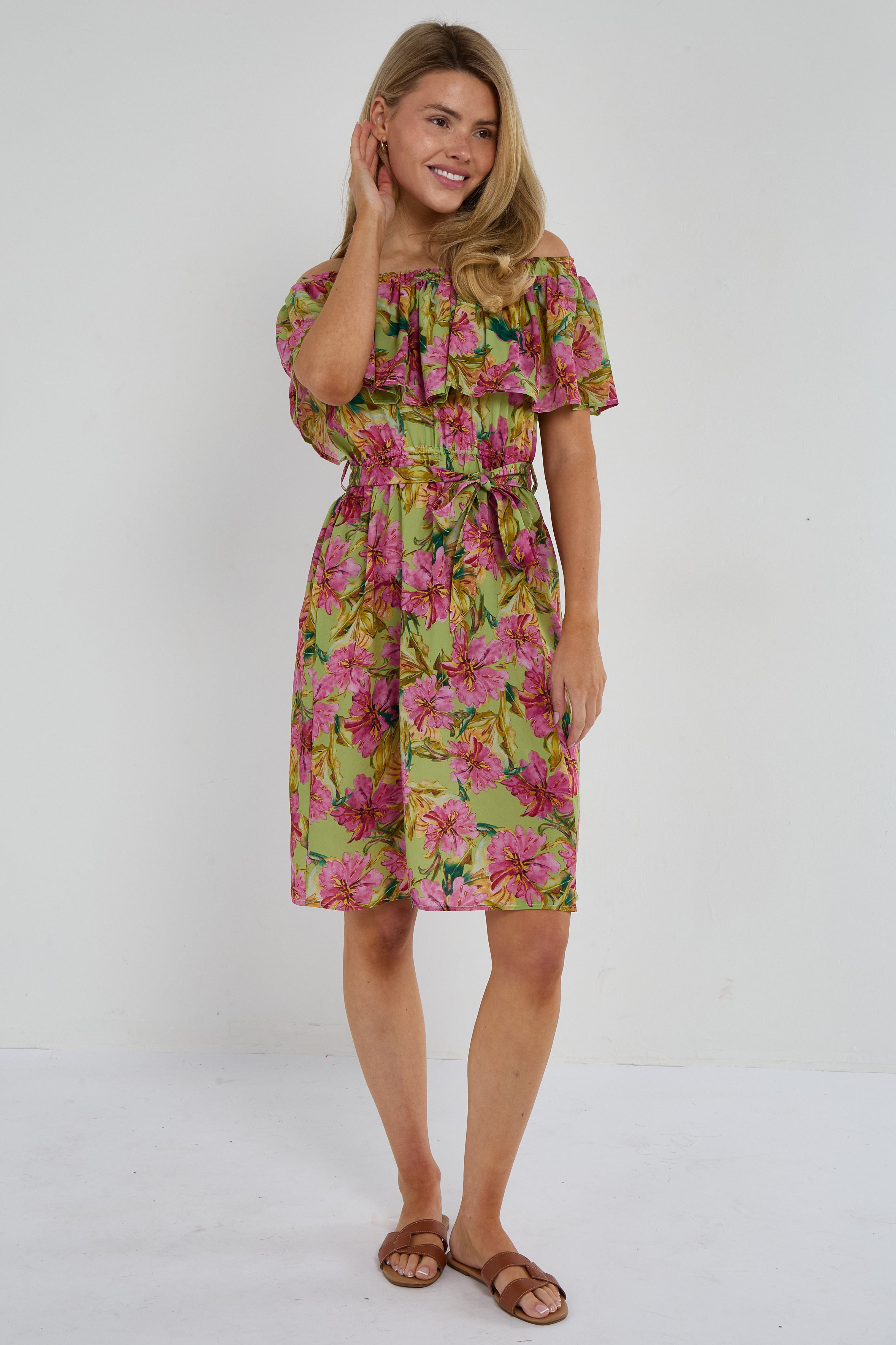 Green Tropical Floral Off-Shoulder Mini Dress