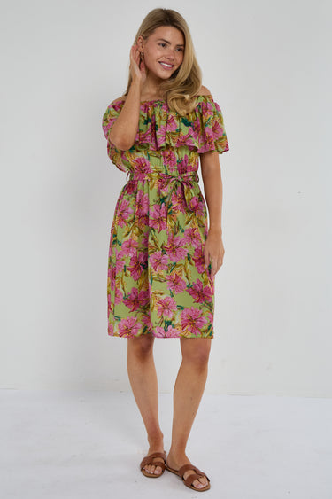 Green Tropical Floral Off-Shoulder Mini Dress