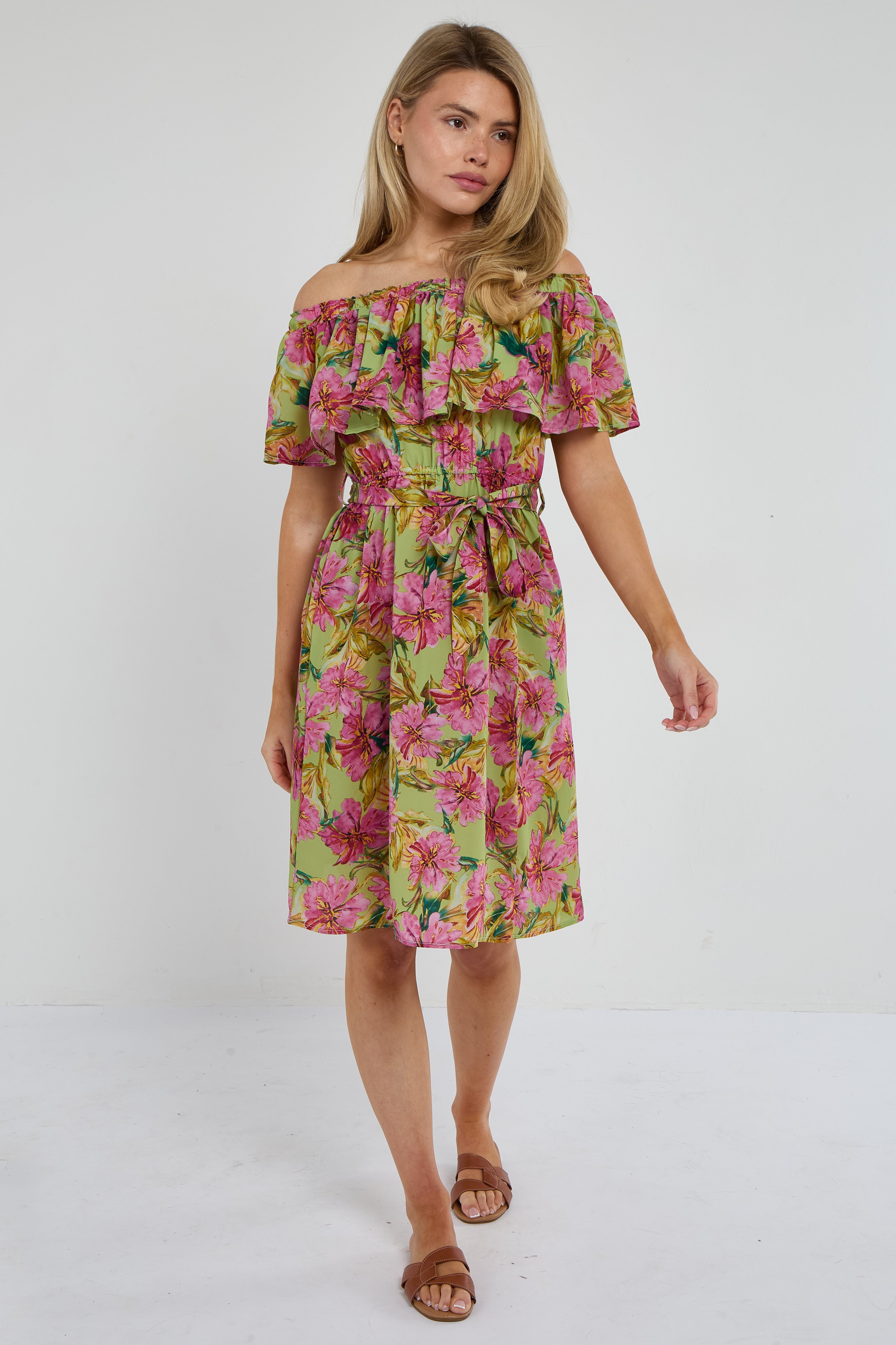 Green Tropical Floral Off-Shoulder Mini Dress