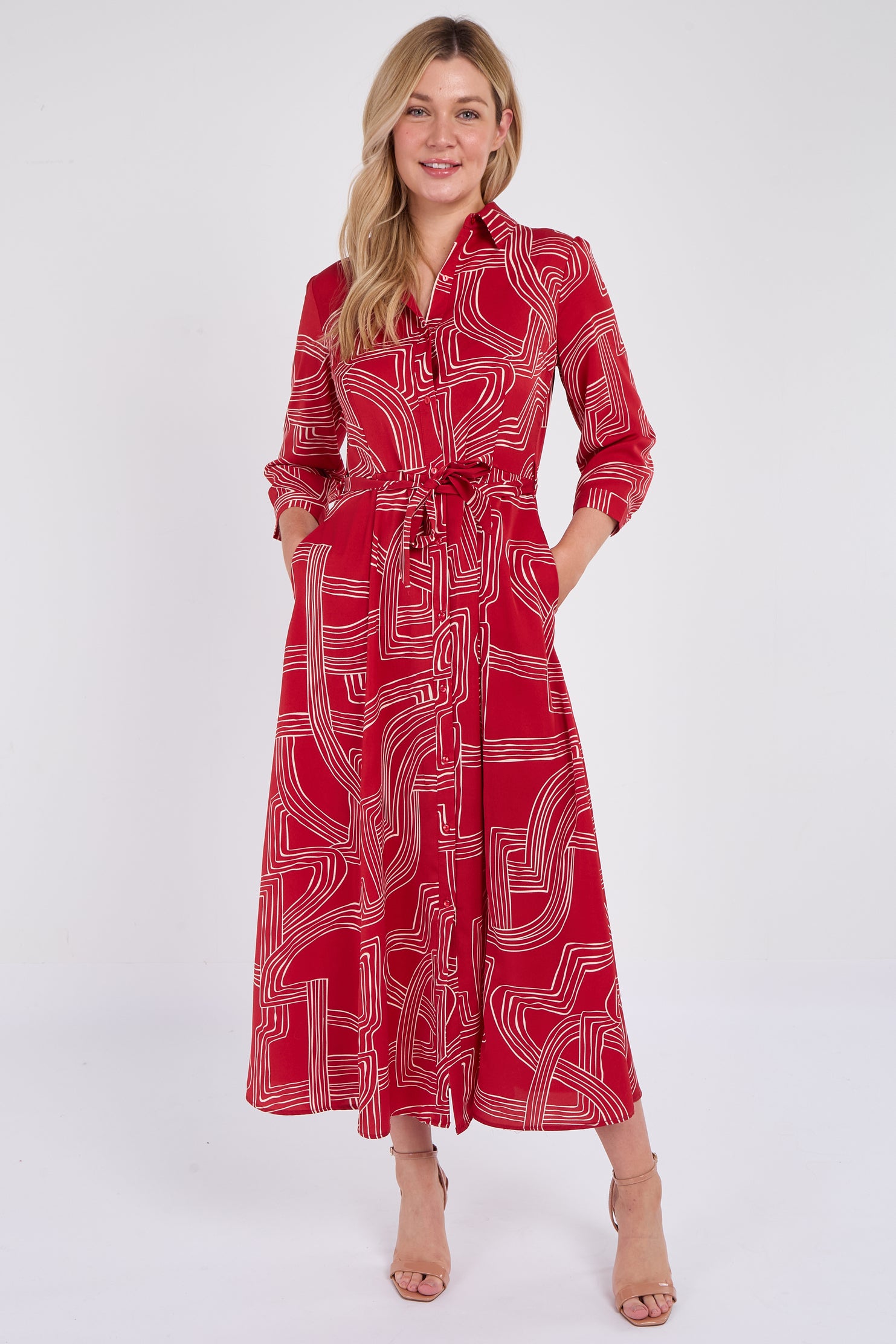 Red Geometric Print Maxi Shirt Dress