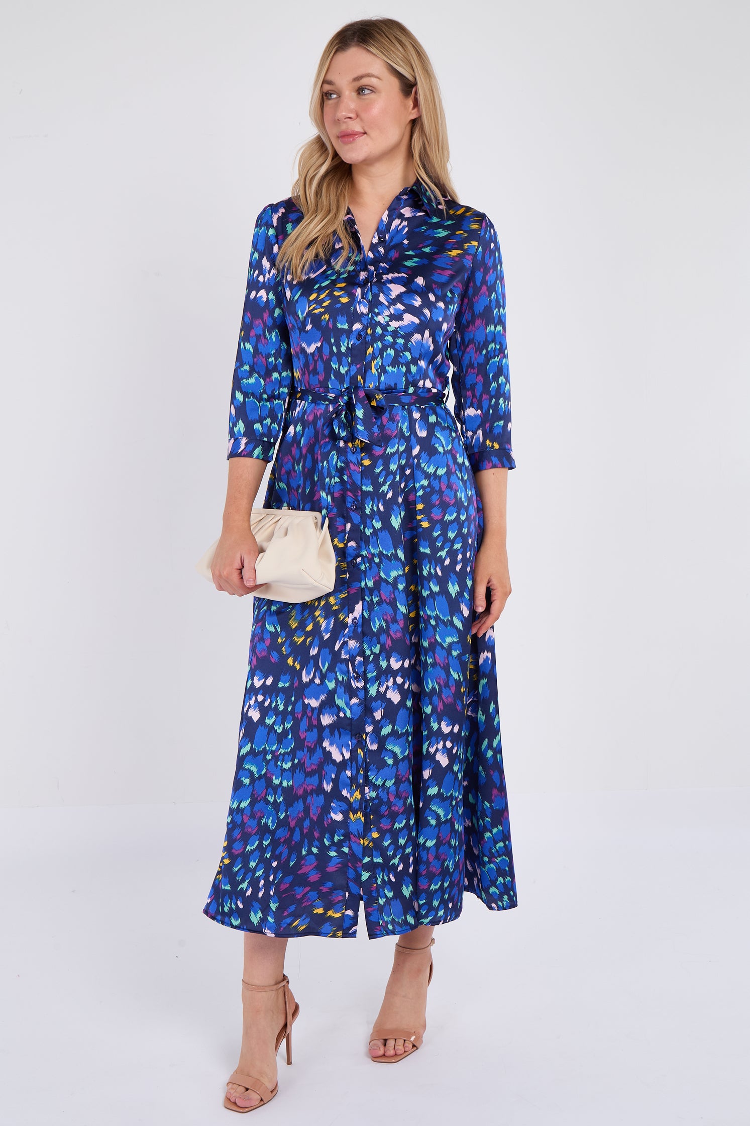 Blue Leopard Print Satin Maxi Shirt Dress
