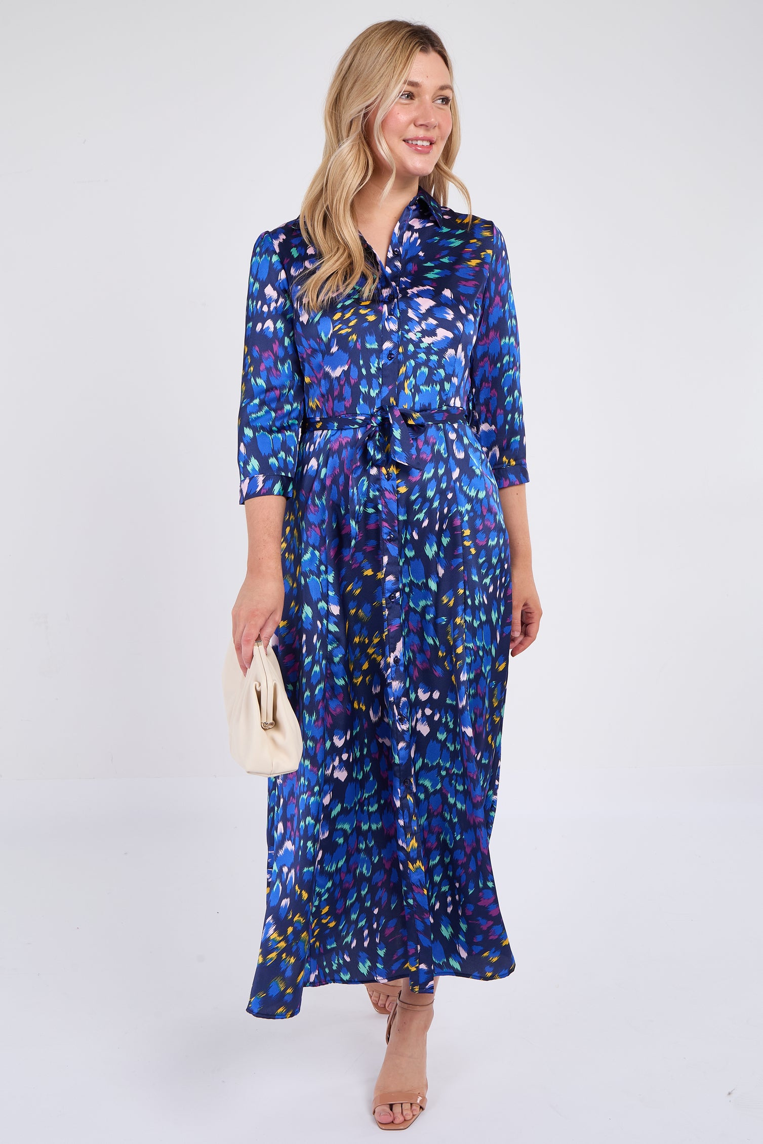 Blue Leopard Print Satin Maxi Shirt Dress