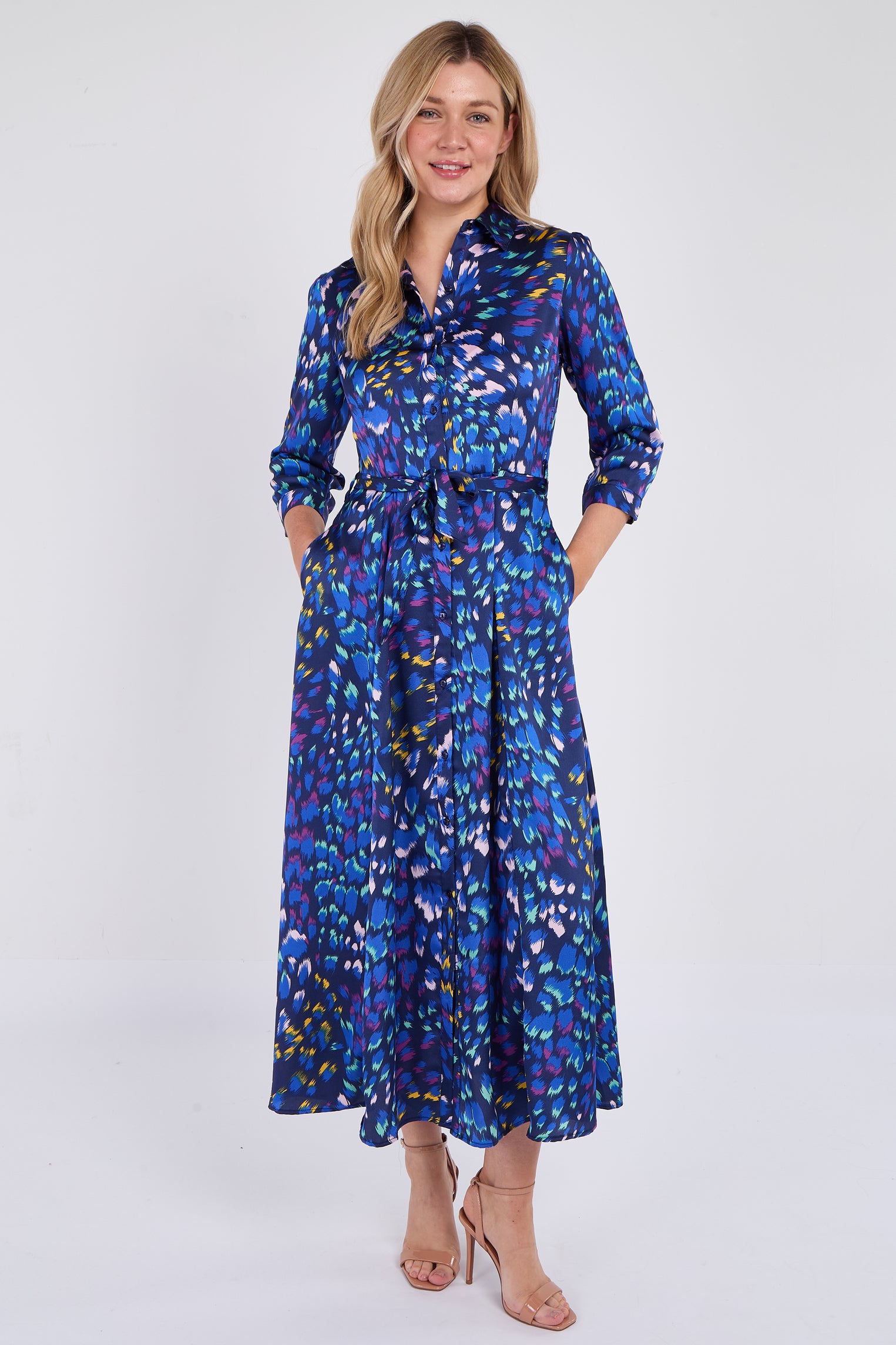 Blue Leopard Print Satin Maxi Shirt Dress
