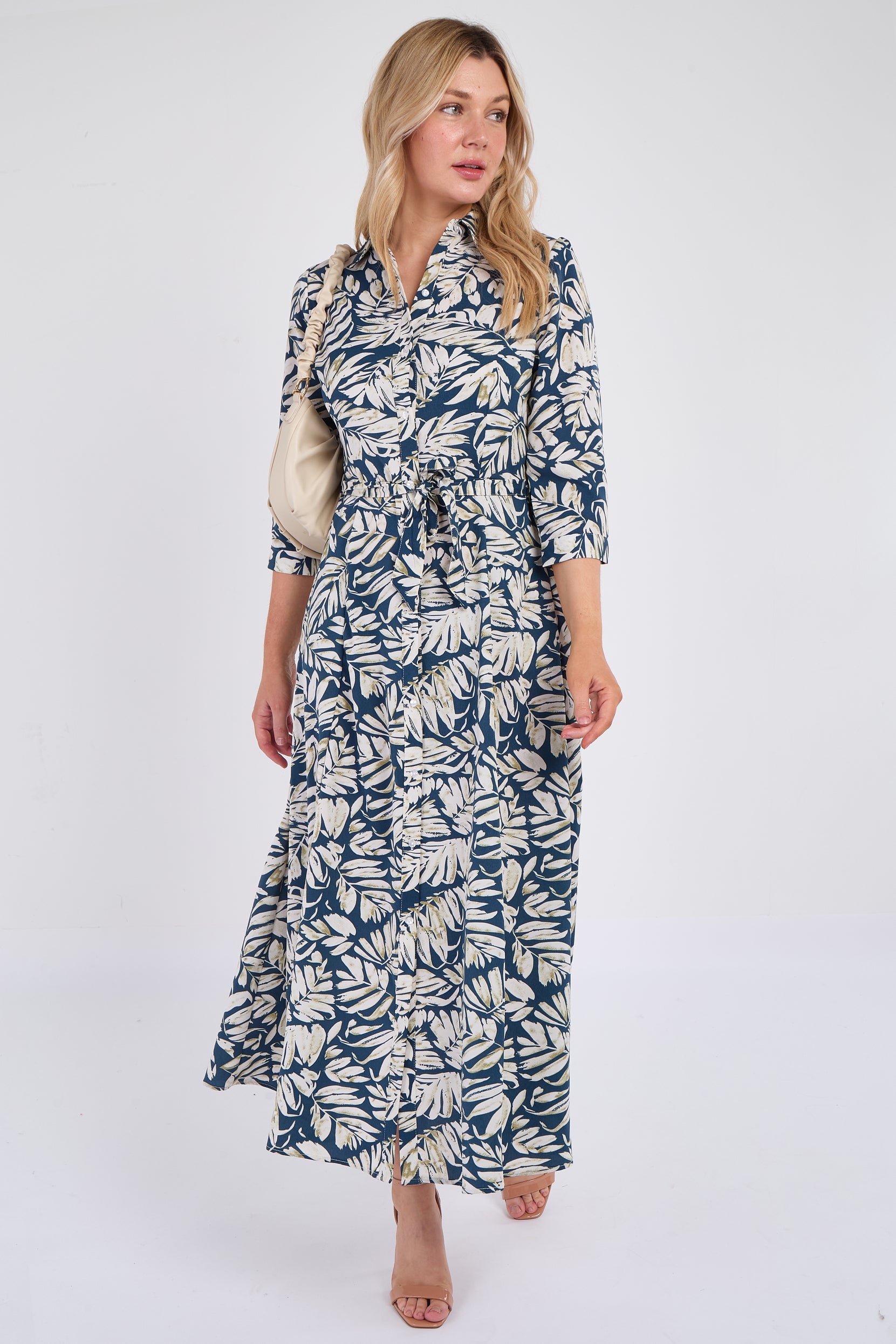 Navy Leaf Print Maxi Shirt Dress