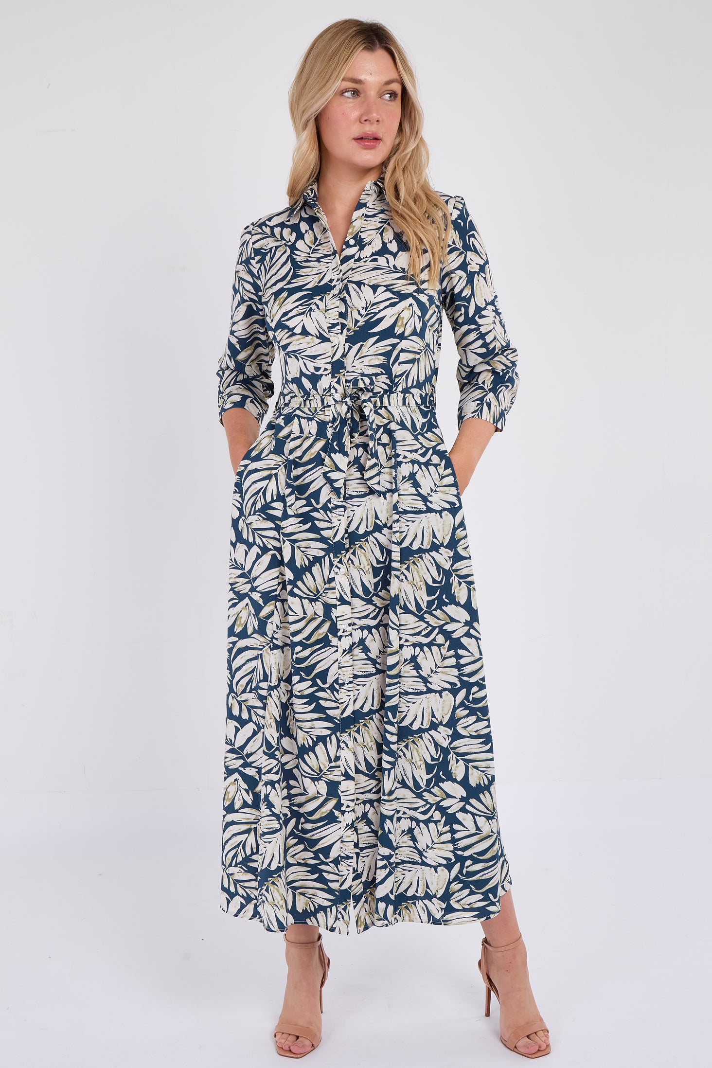 Navy Leaf Print Maxi Shirt Dress