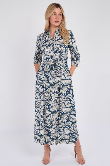 Navy Leaf Print Maxi Shirt Dress