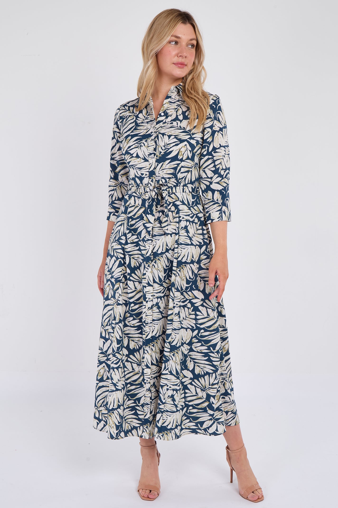 Navy Leaf Print Maxi Shirt Dress