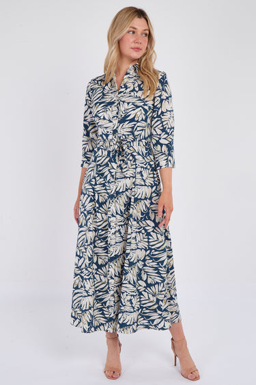Navy Leaf Print Maxi Shirt Dress