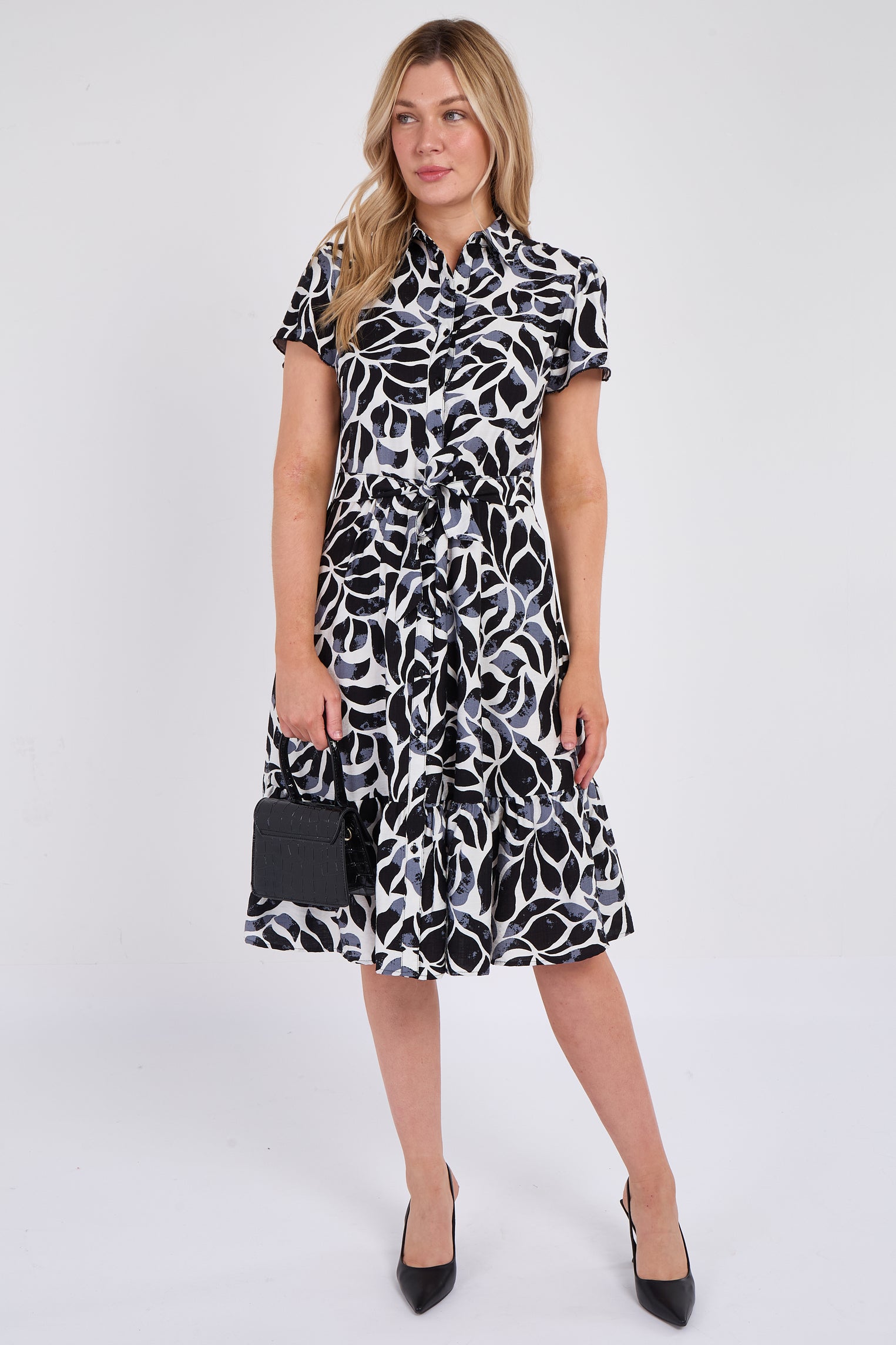 Grey Printed Short Sleeve Midi Dress