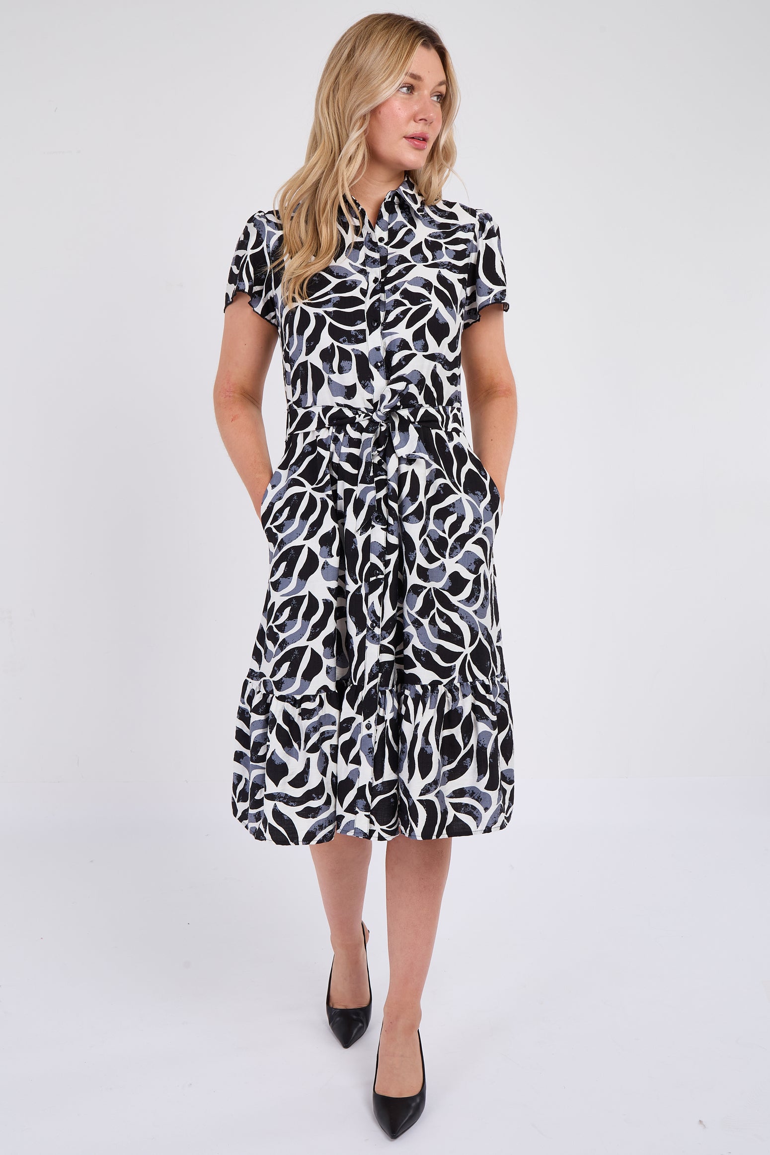 Grey Printed Short Sleeve Midi Dress