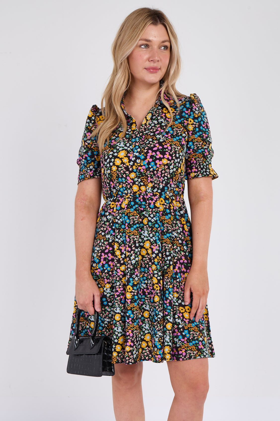Ditsy Floral Print Black Mini Dress