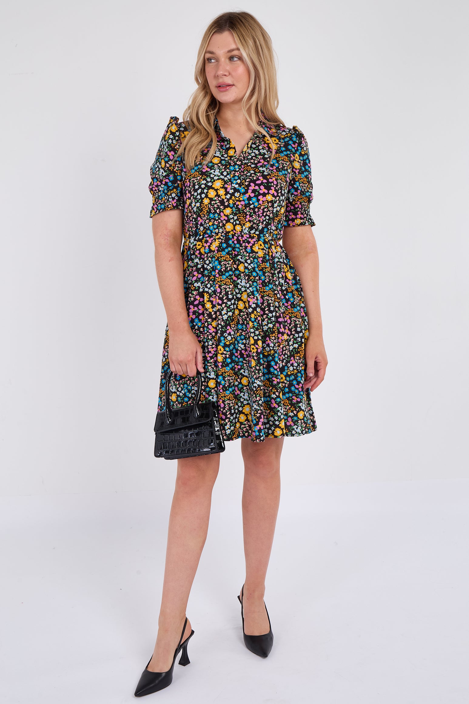 Ditsy Floral Print Black Mini Dress