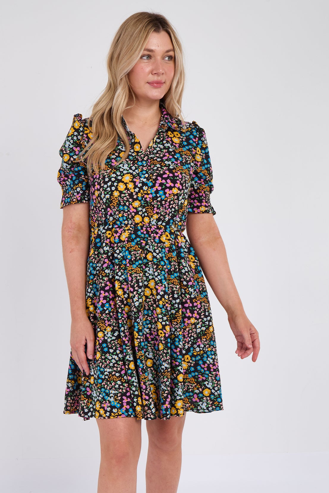 Ditsy Floral Print Black Mini Dress