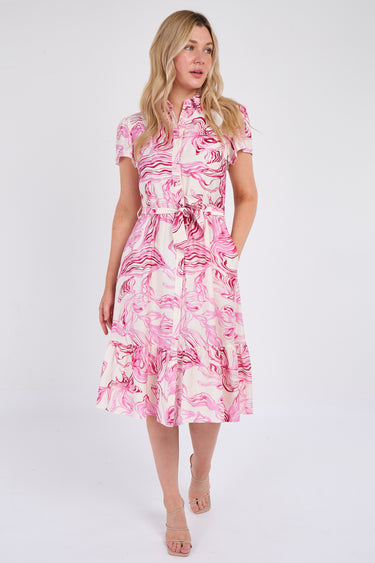 Pink Swirl Print  Frilled Hem Midi Dress