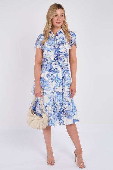 Blue Swirl Print  Frilled Hem Midi Dress
