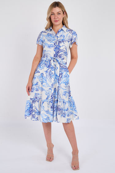Blue Swirl Print  Frilled Hem Midi Dress