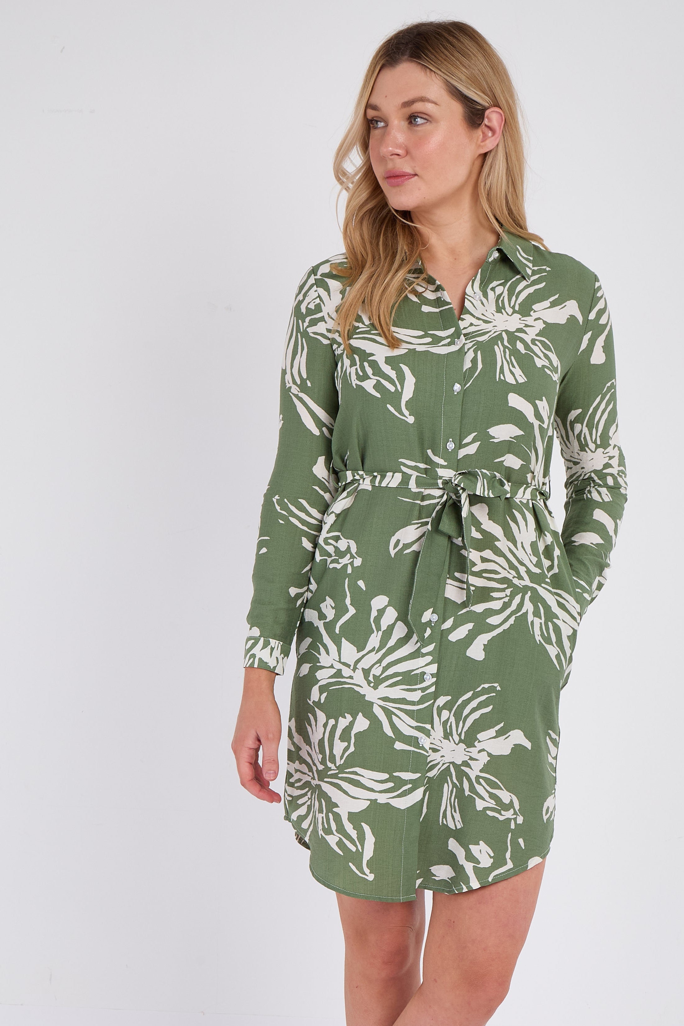 Green Floral Print Mini Shirt Dress
