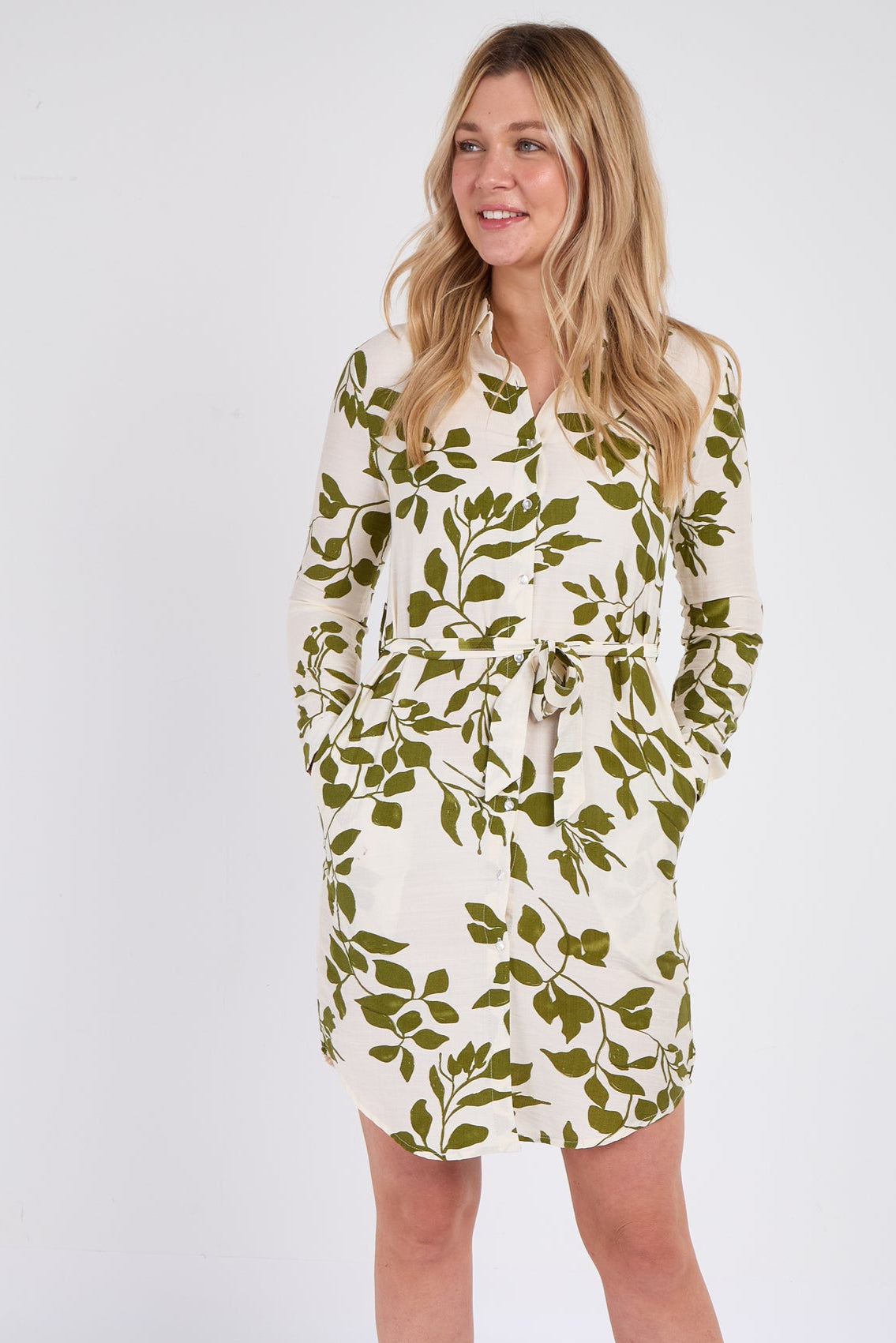 Green Leaf Print Mini Shirt Dress