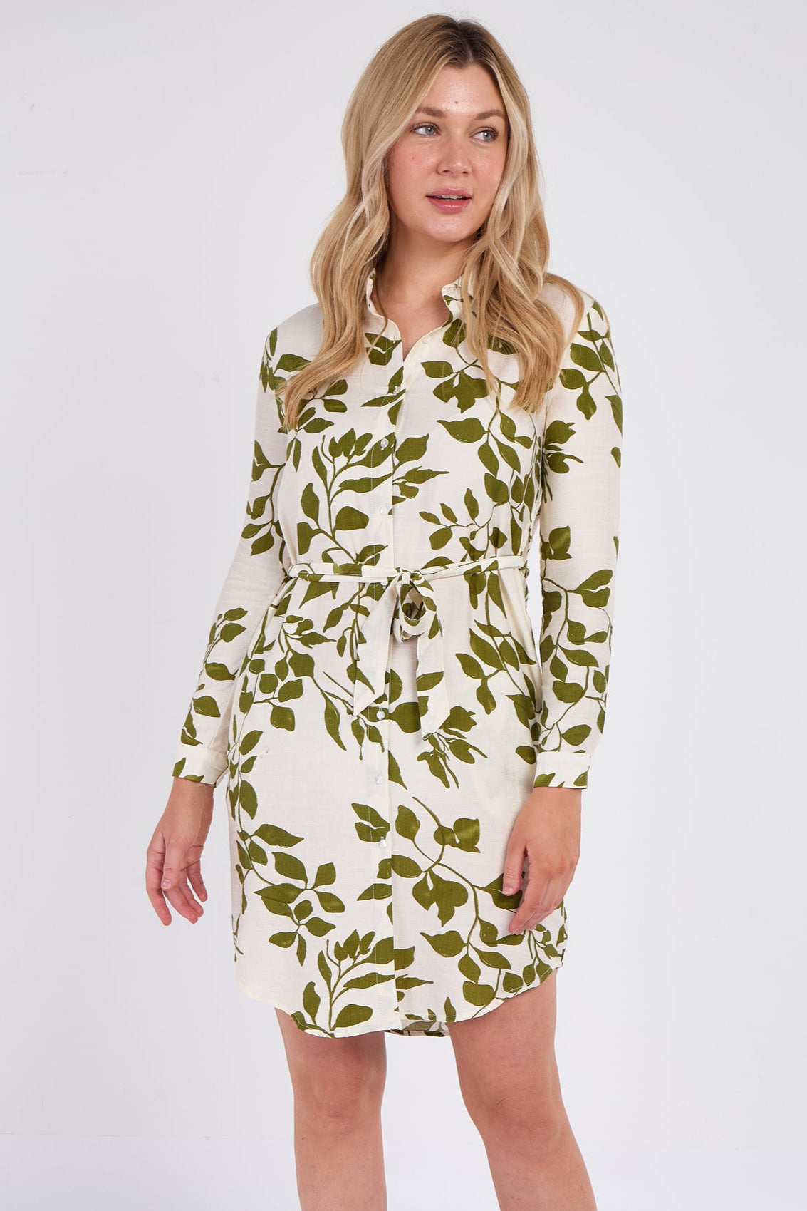 Green Leaf Print Mini Shirt Dress