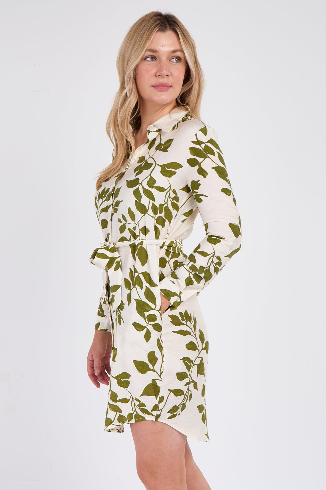 Green Leaf Print Mini Shirt Dress